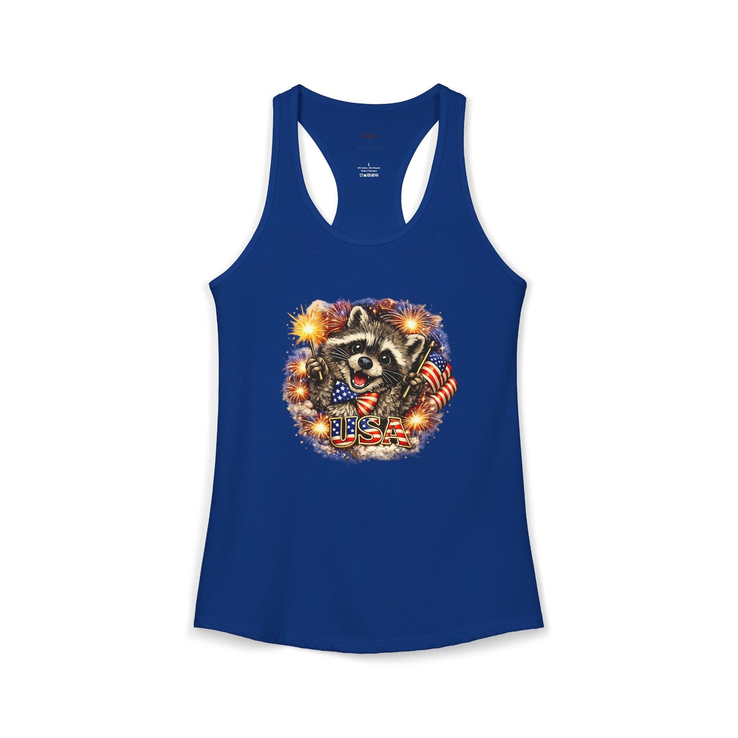 Patriotic Raccoon 4th of July Tank — Raccoon on 250 with Flag & Fireworks Racerback Tank