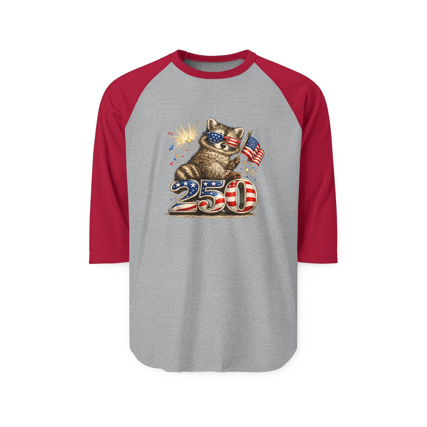 Patriotic Raccoon 250 Raglan Shirt — Fourth of July Fireworks Tee