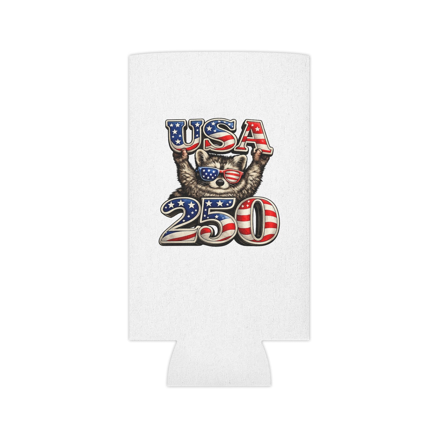 Patriotic Raccoon 250 Can Cooler – USA Flag, 4th of July Drink Koozie