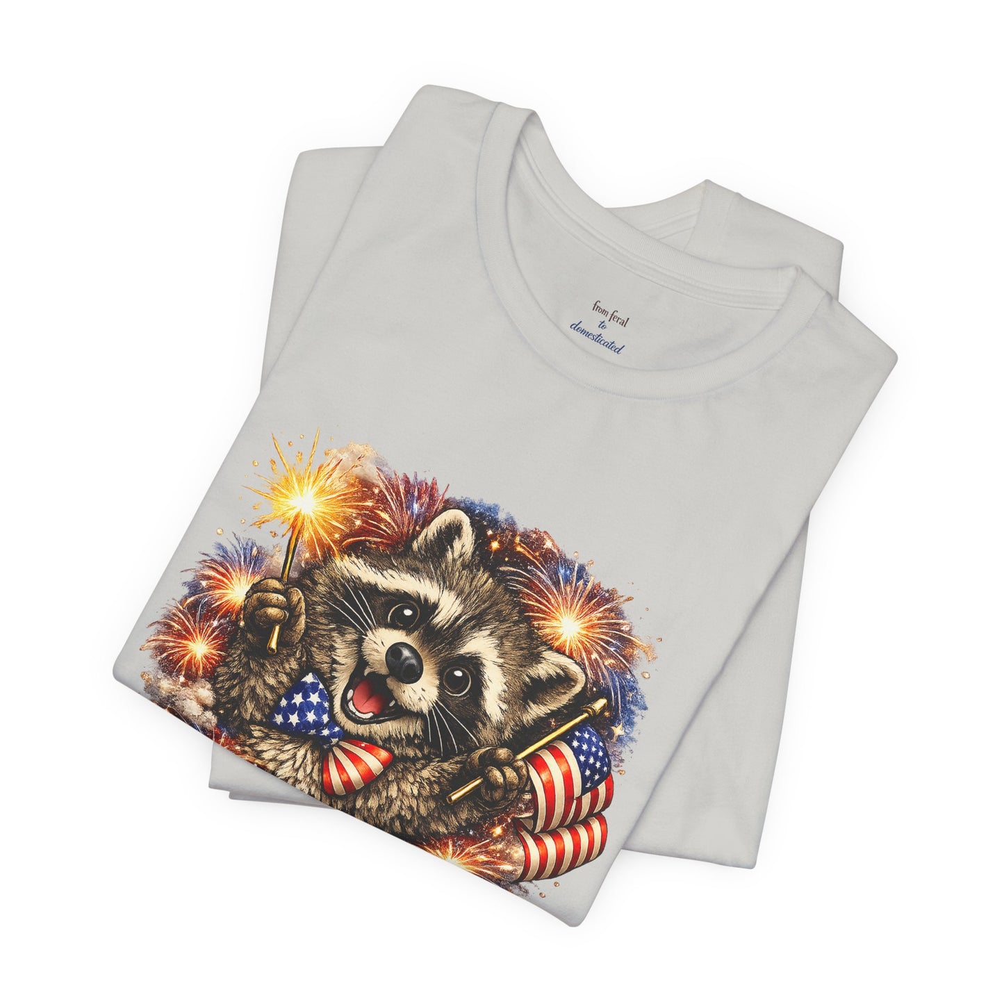 Patriot Raccoon 250th Anniversary T-Shirt — 4th of July Fireworks Flag Tee