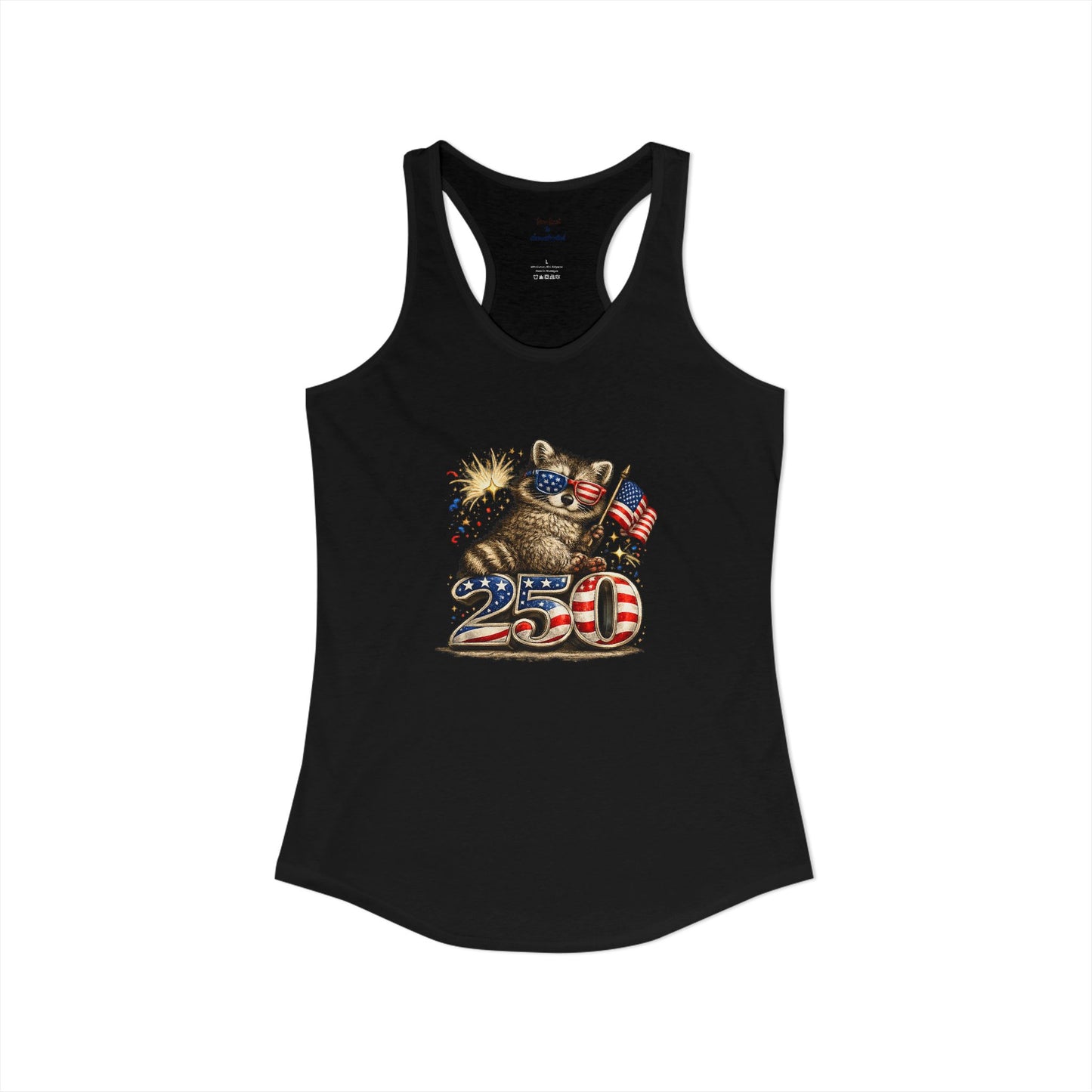 Patriotic Raccoon 4th of July Tank — Raccoon on 250 with Flag & Fireworks Racerback Tank