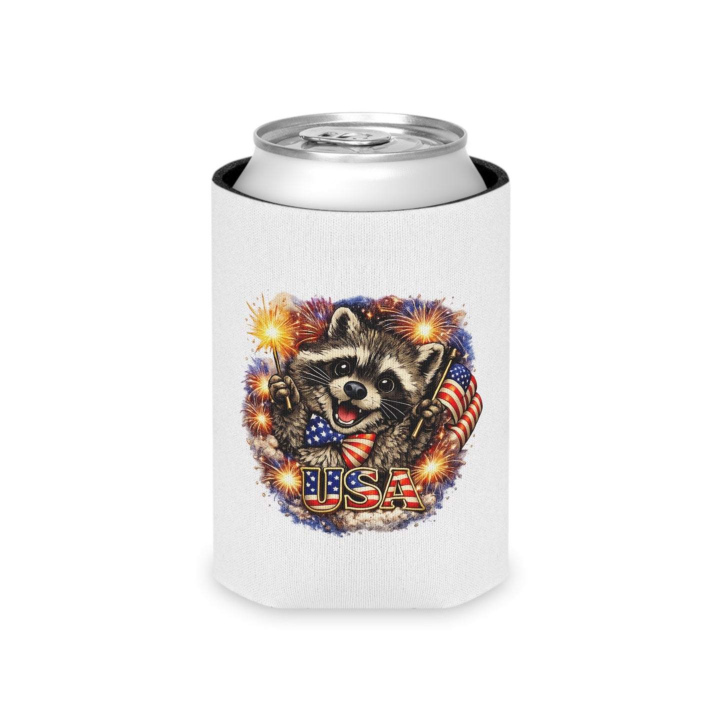 Patriotic Raccoon 250 Can Cooler – USA Flag, 4th of July Drink Koozie
