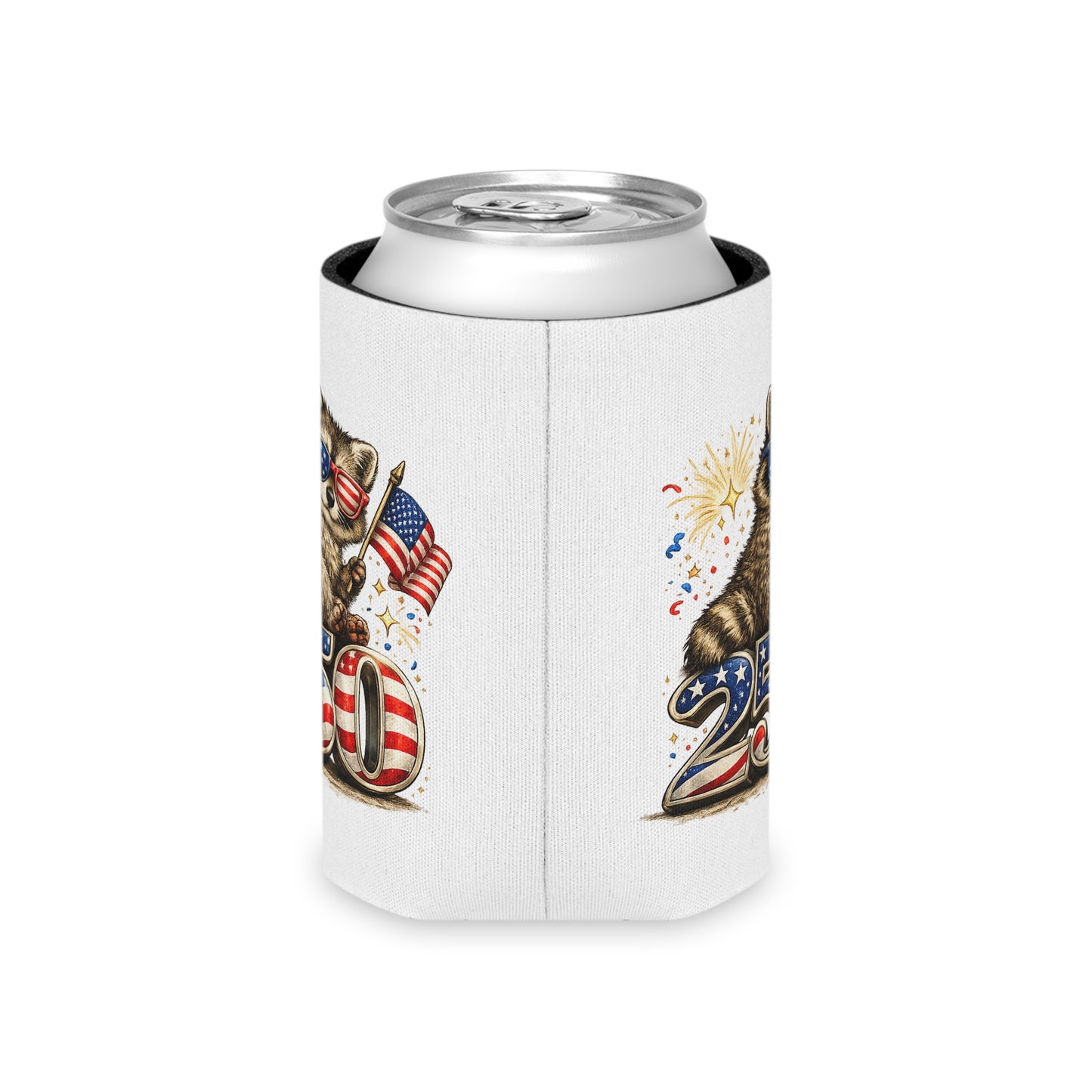 Patriotic Raccoon 250 Can Cooler – USA Flag, 4th of July Drink Koozie