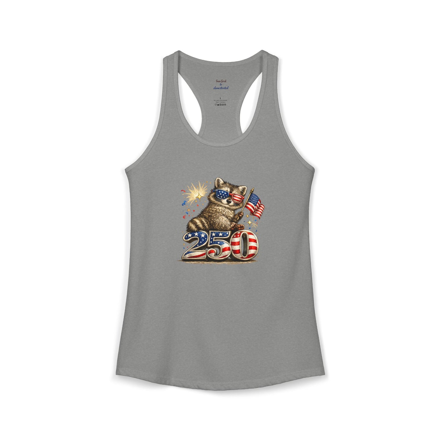 Patriotic Raccoon 4th of July Tank — Raccoon on 250 with Flag & Fireworks Racerback Tank