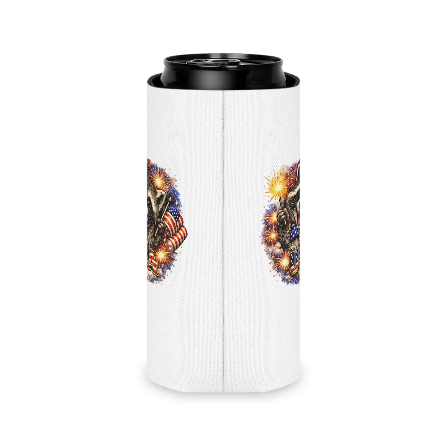 Patriotic Raccoon 250 Can Cooler – USA Flag, 4th of July Drink Koozie