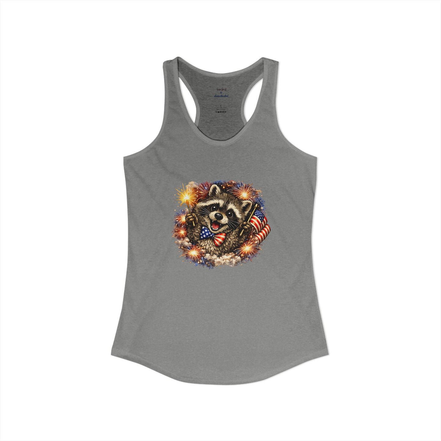 Patriotic Raccoon 4th of July Tank — Raccoon on 250 with Flag & Fireworks Racerback Tank