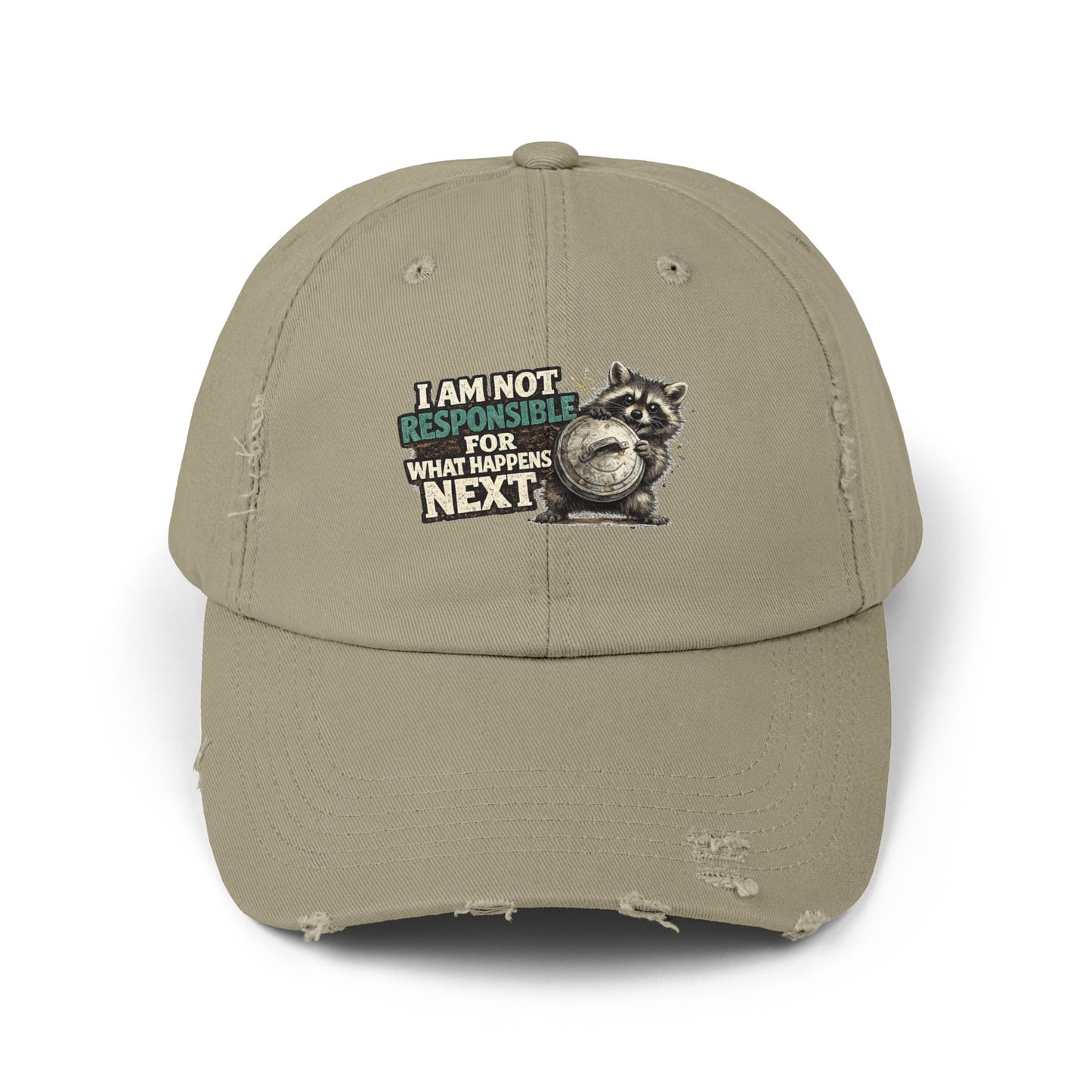 Not Responsible Distressed Cap — Raccoon Mom/Dad Funny Dad Hat