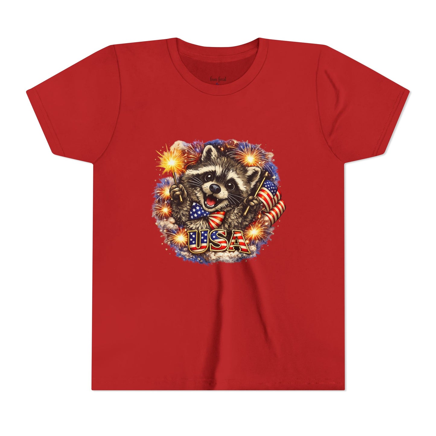 Patriotic Raccoon Youth Tee — Raccoon with American Flag & Fireworks
