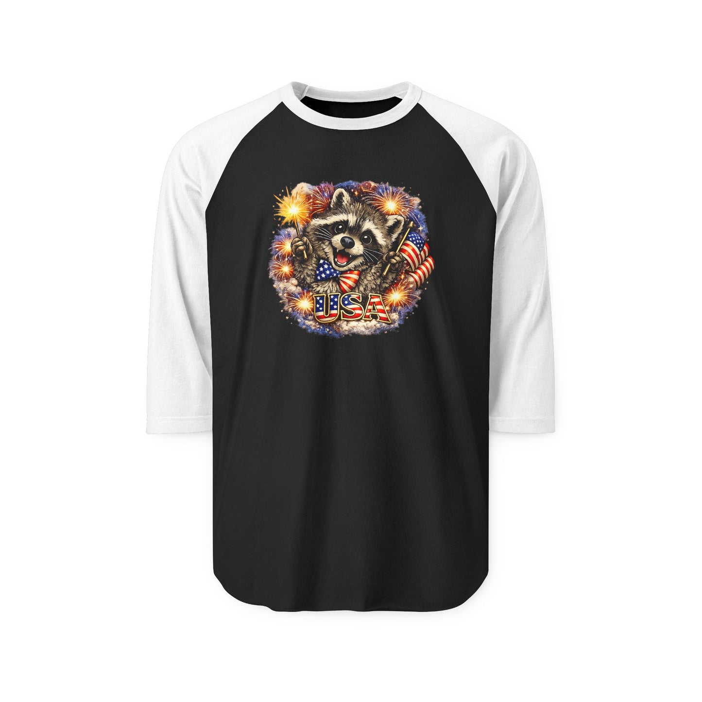 Patriotic Raccoon 250 Raglan Shirt — Fourth of July Fireworks Tee