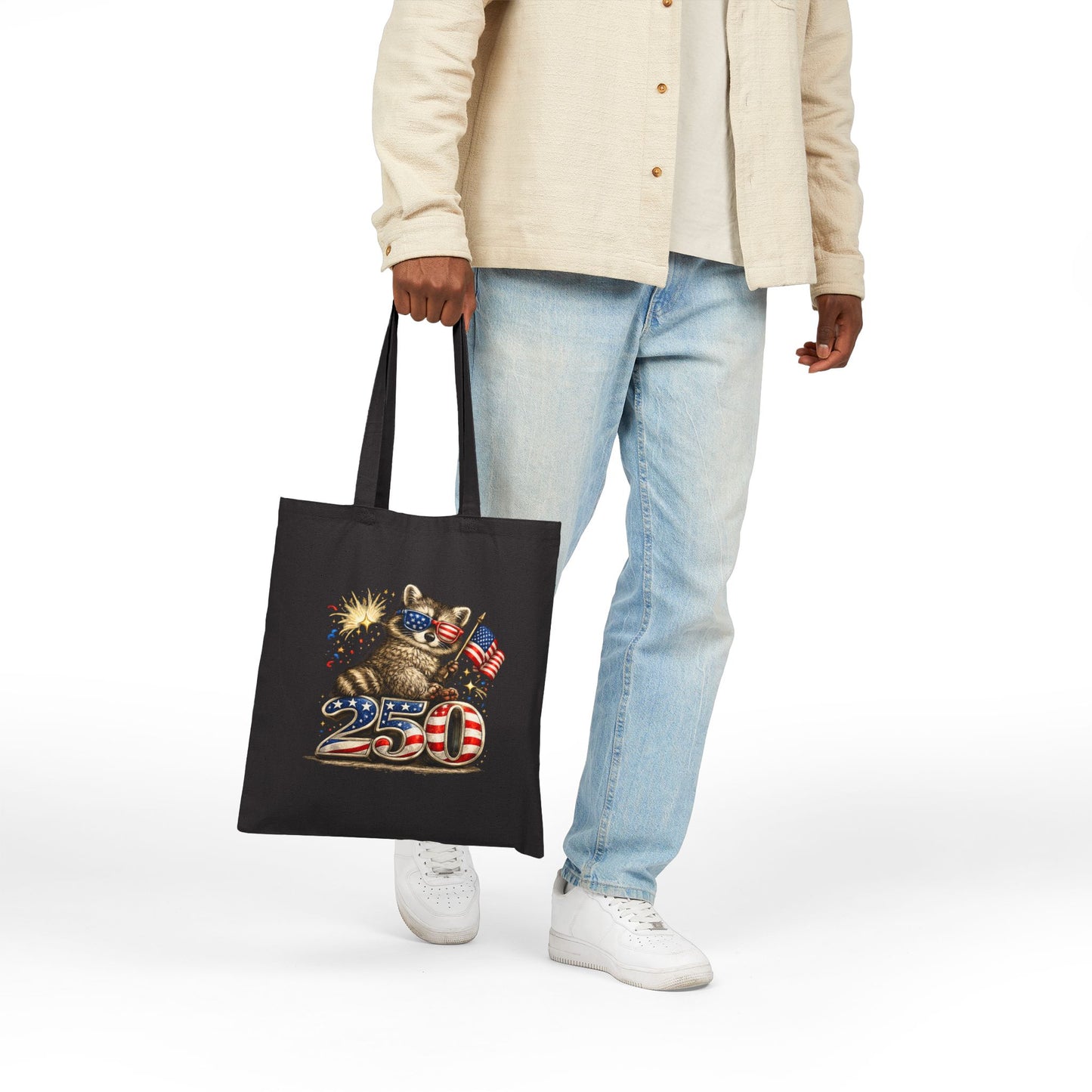 Patriotic Raccoon Fireworks Tote Bag — '250' Canvas Tote for Fourth of July