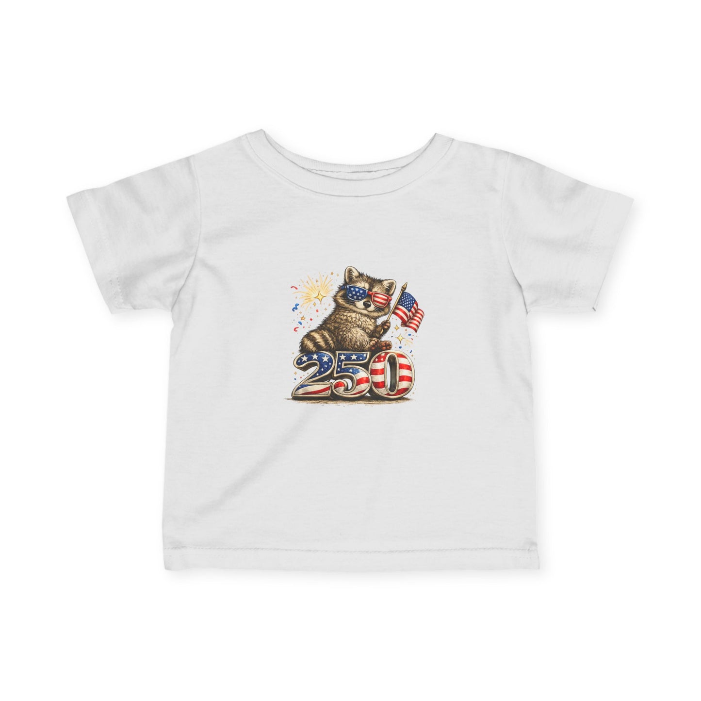 Infant Tee — Adorable Raccoon Holding American Flag "250" — 4th of July Baby Shirt