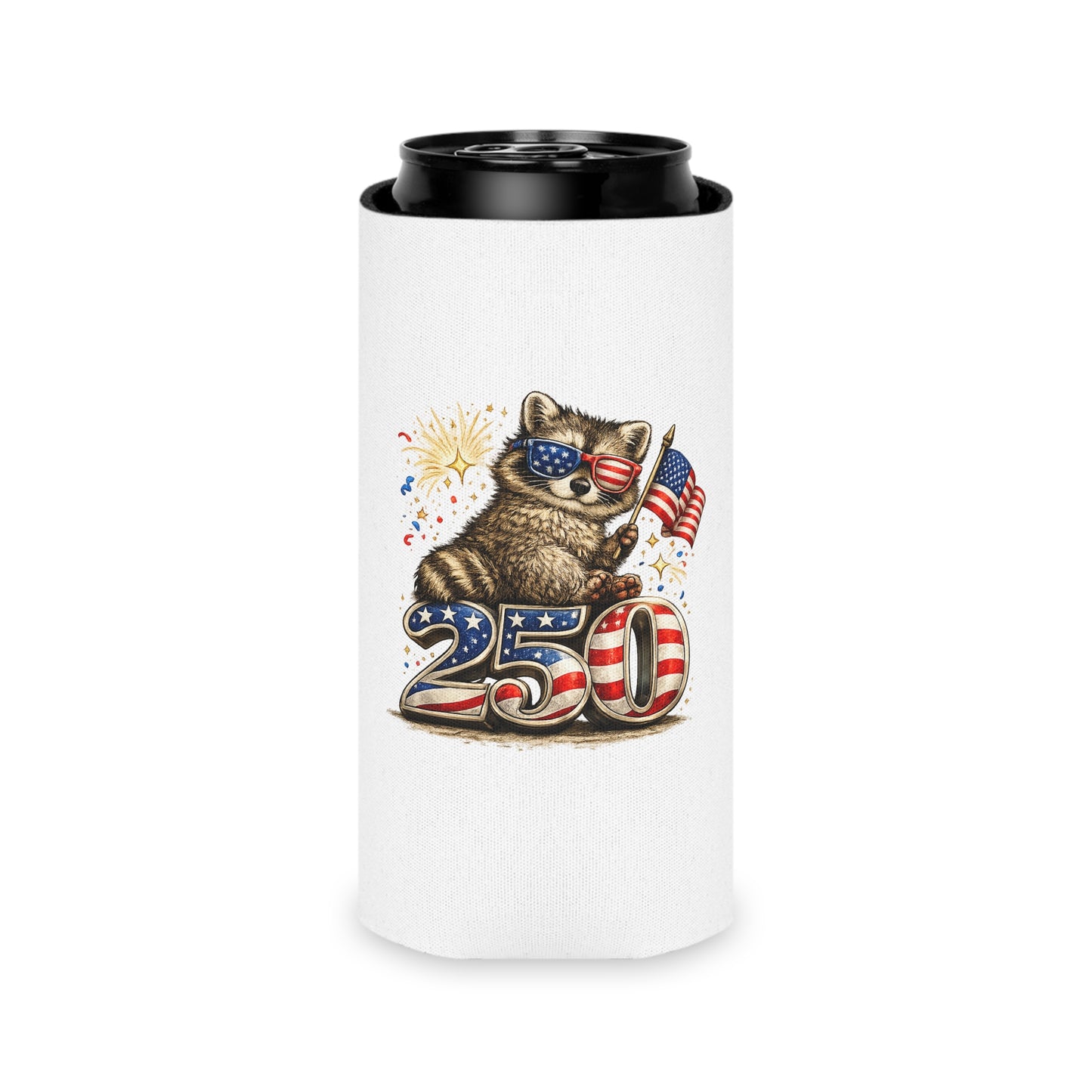Patriotic Raccoon 250 Can Cooler – USA Flag, 4th of July Drink Koozie