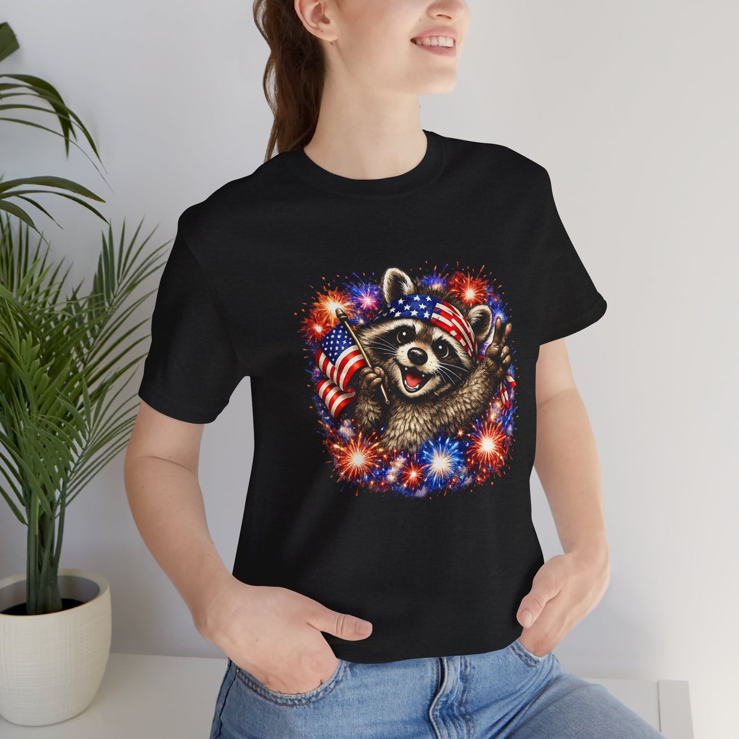 Patriot Raccoon 250th Anniversary T-Shirt — 4th of July Fireworks Flag Tee