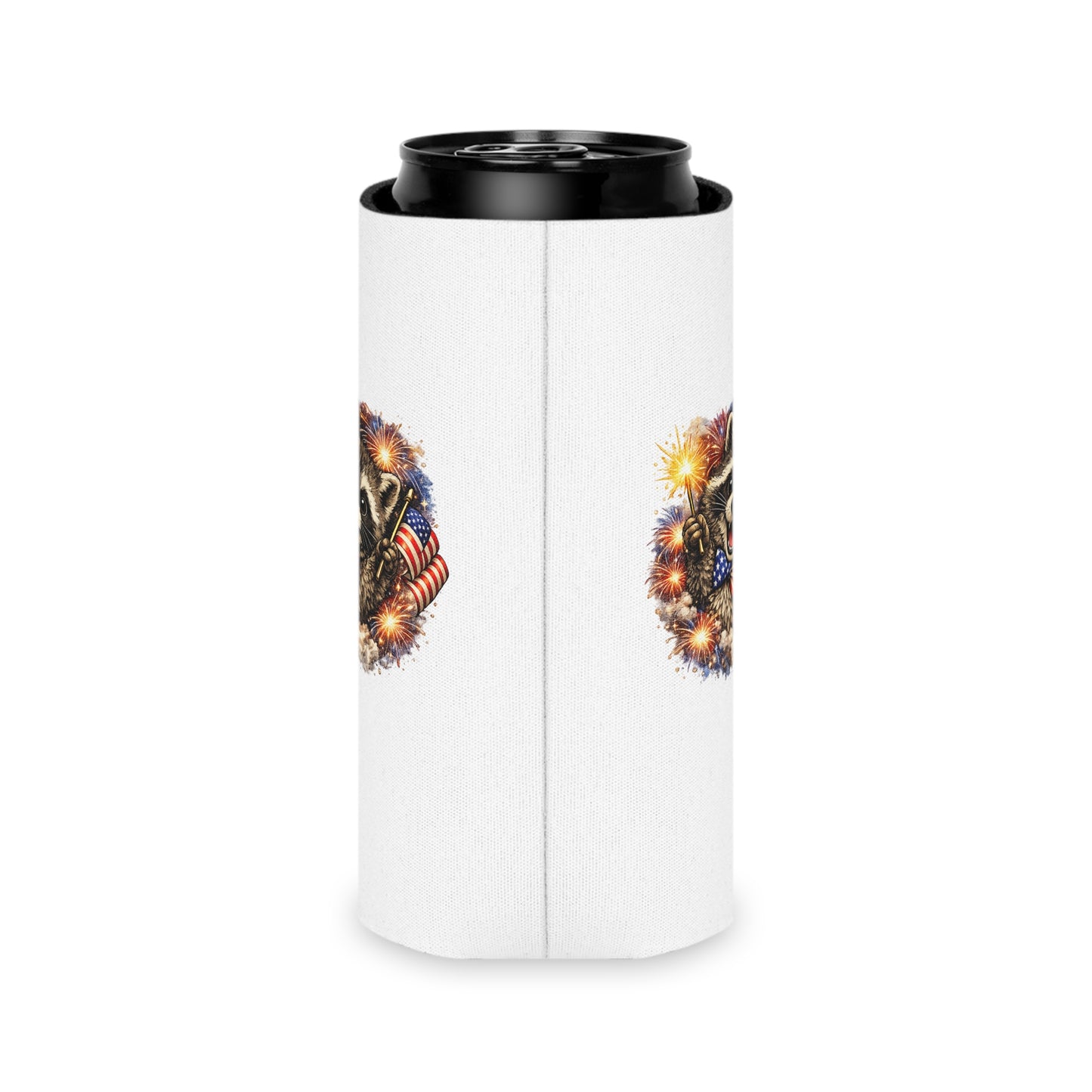 Patriotic Raccoon 250 Can Cooler – USA Flag, 4th of July Drink Koozie