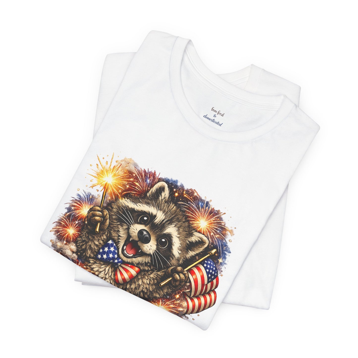 Patriot Raccoon 250th Anniversary T-Shirt — 4th of July Fireworks Flag Tee