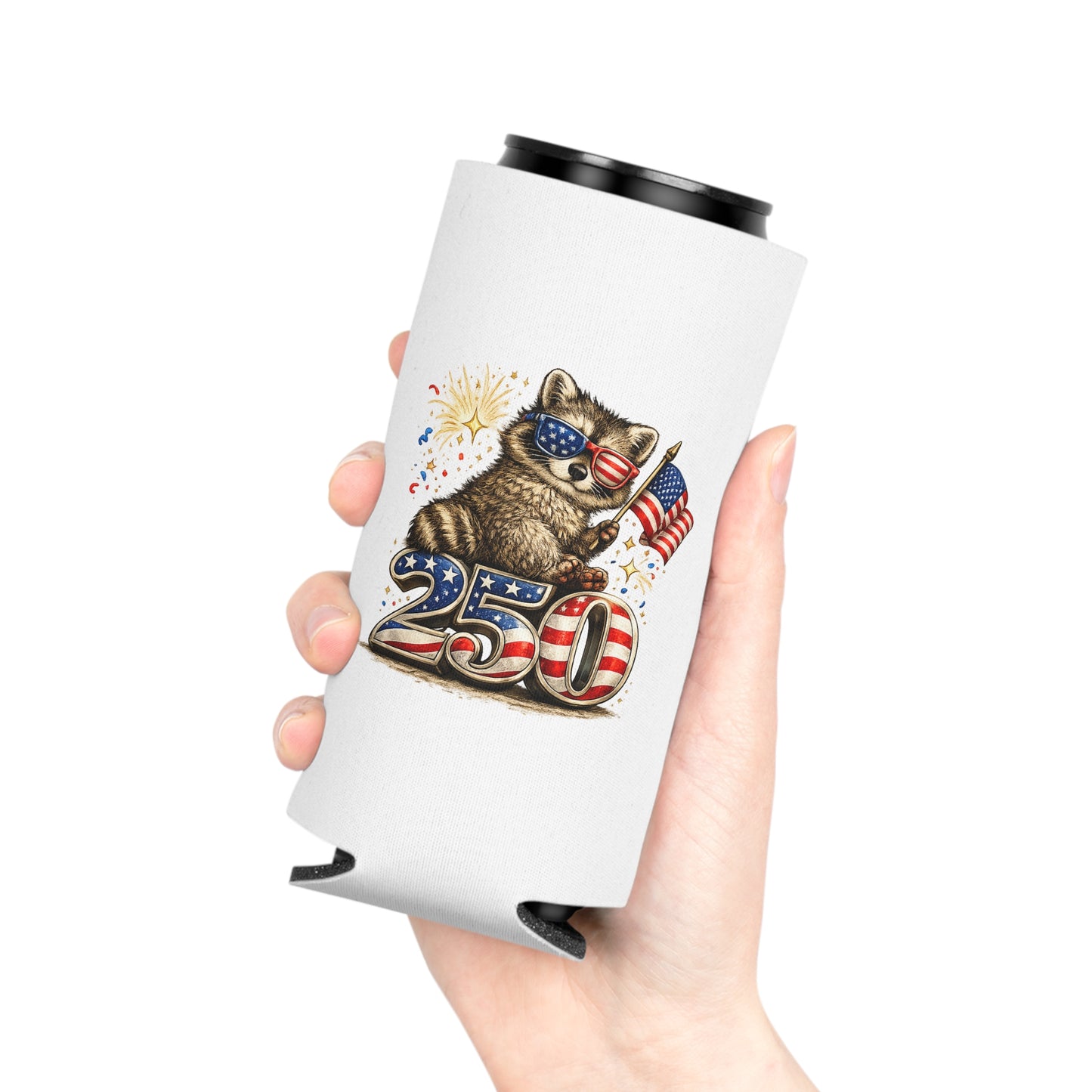 Patriotic Raccoon 250 Can Cooler – USA Flag, 4th of July Drink Koozie
