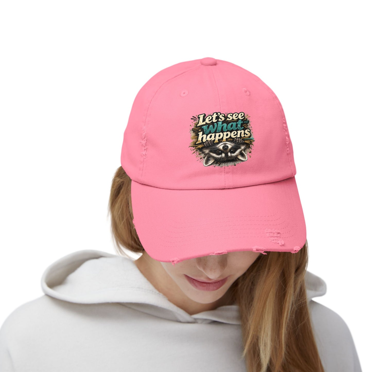Let's See What Happens Distressed Cap — Raccoon Mom/Dad Funny Dad Hat