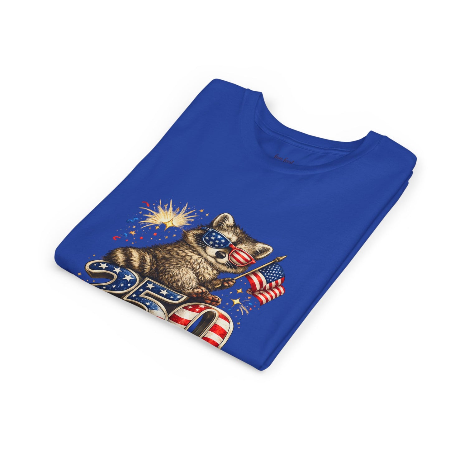 Patriotic Raccoon Youth Tee — Raccoon with American Flag & Fireworks