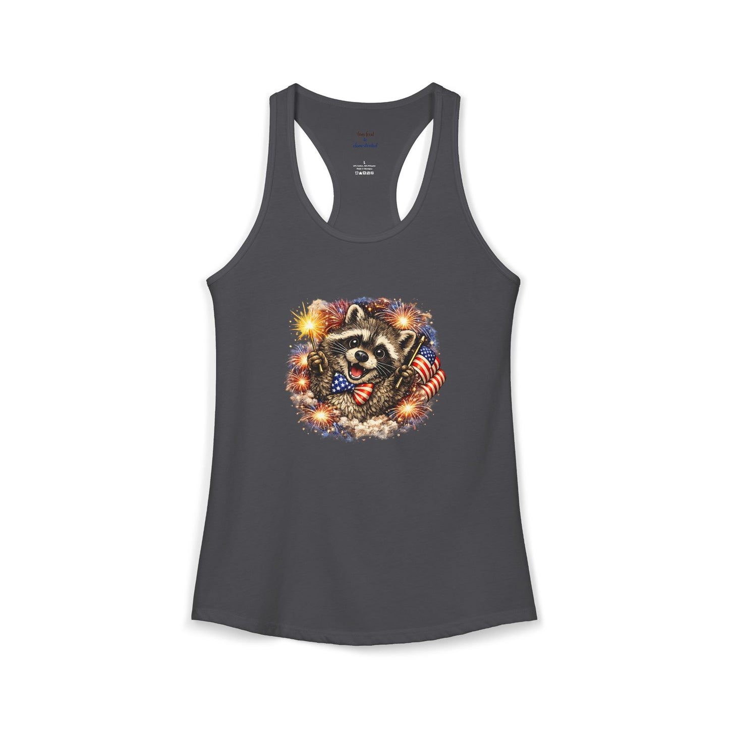 Patriotic Raccoon 4th of July Tank — Raccoon on 250 with Flag & Fireworks Racerback Tank