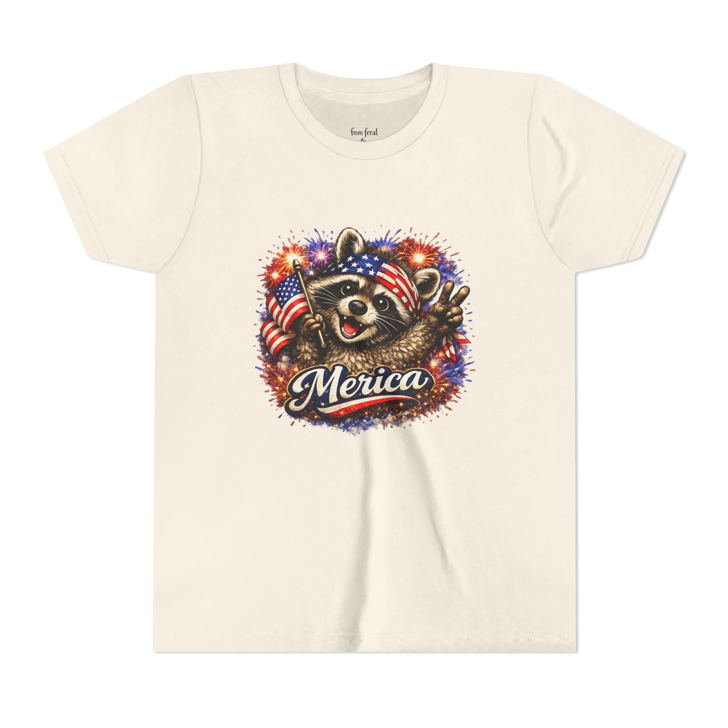Patriotic Raccoon Youth Tee — Raccoon with American Flag & Fireworks