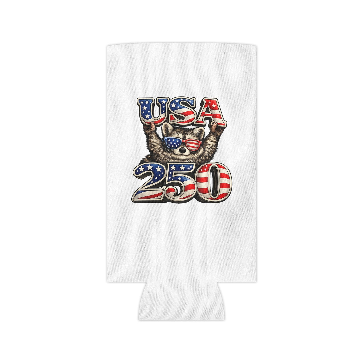 Patriotic Raccoon 250 Can Cooler – USA Flag, 4th of July Drink Koozie