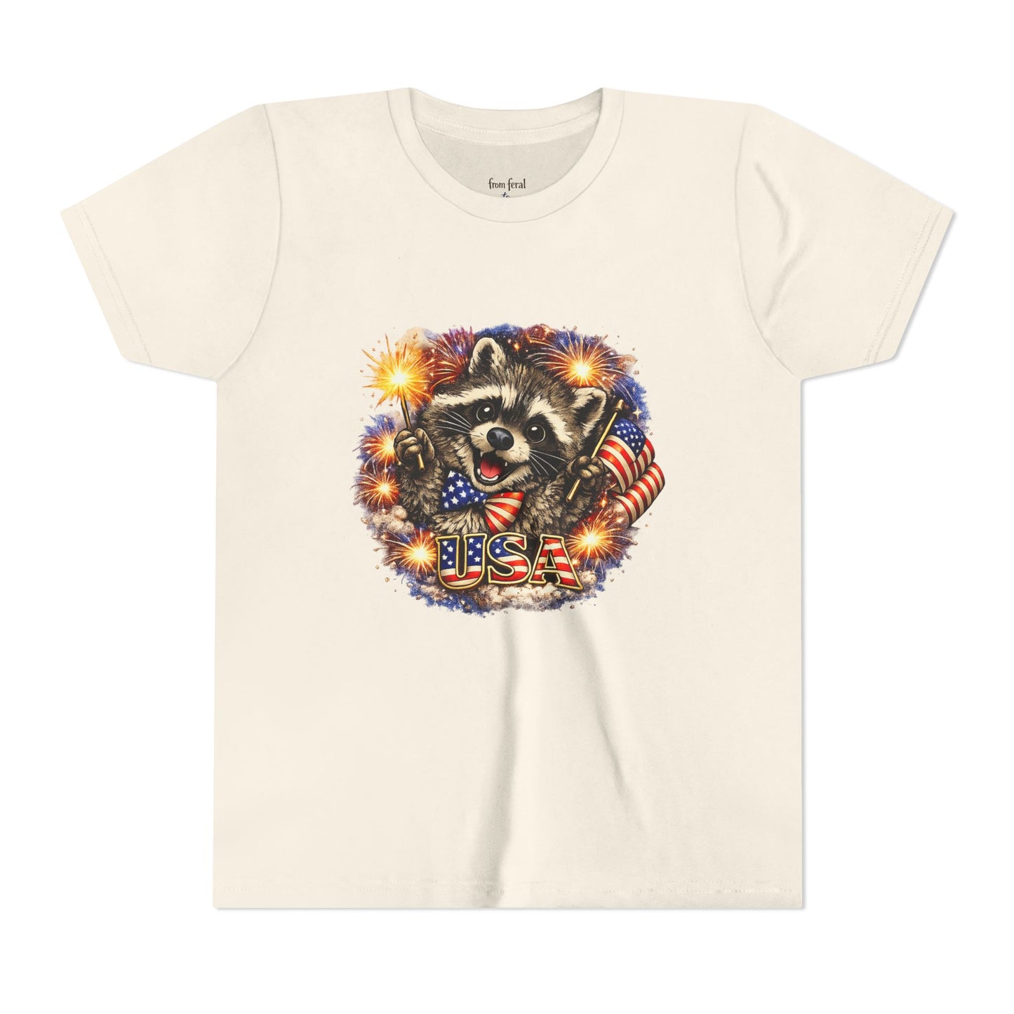 Patriotic Raccoon Youth Tee — Raccoon with American Flag & Fireworks