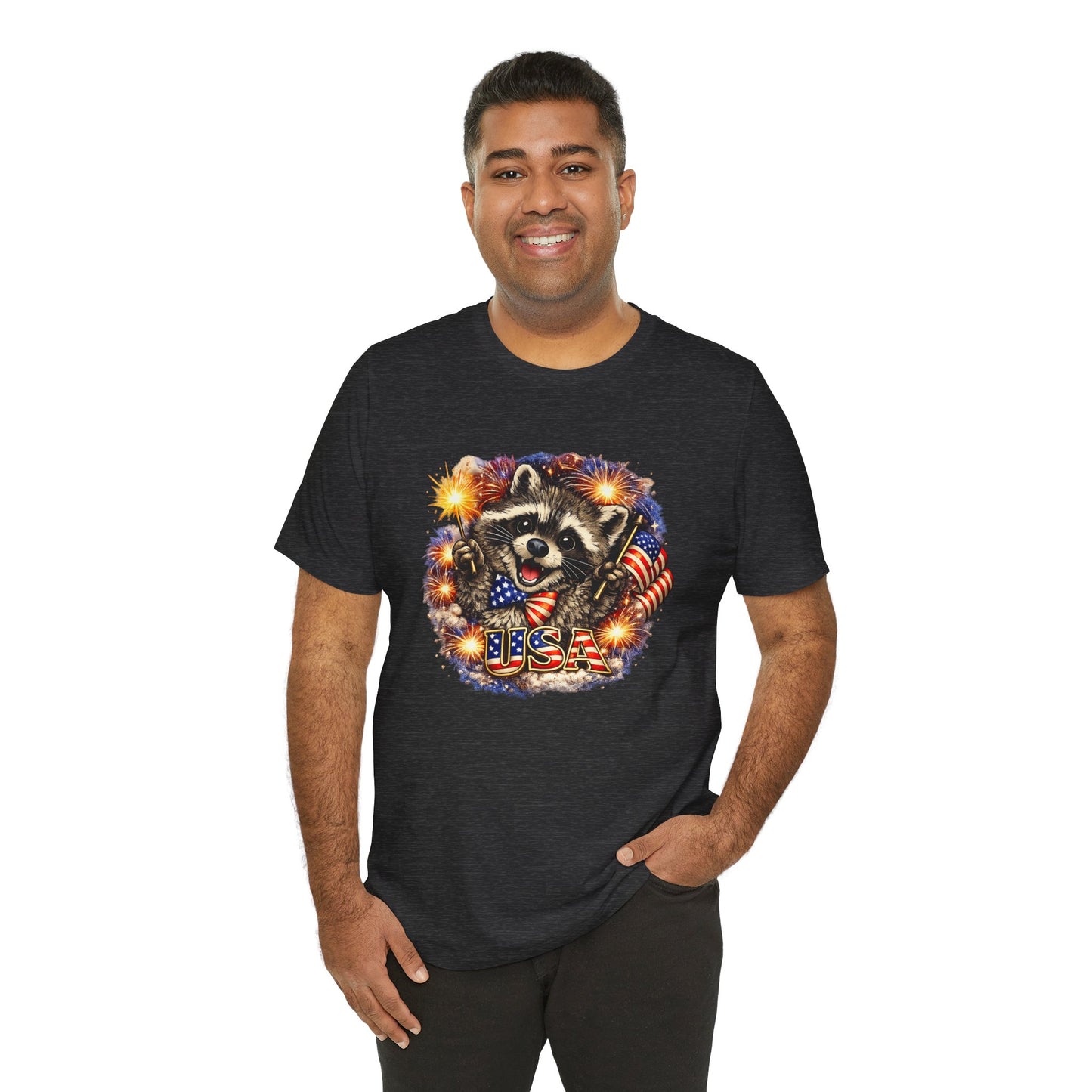Patriot Raccoon 250th Anniversary T-Shirt — 4th of July Fireworks Flag Tee