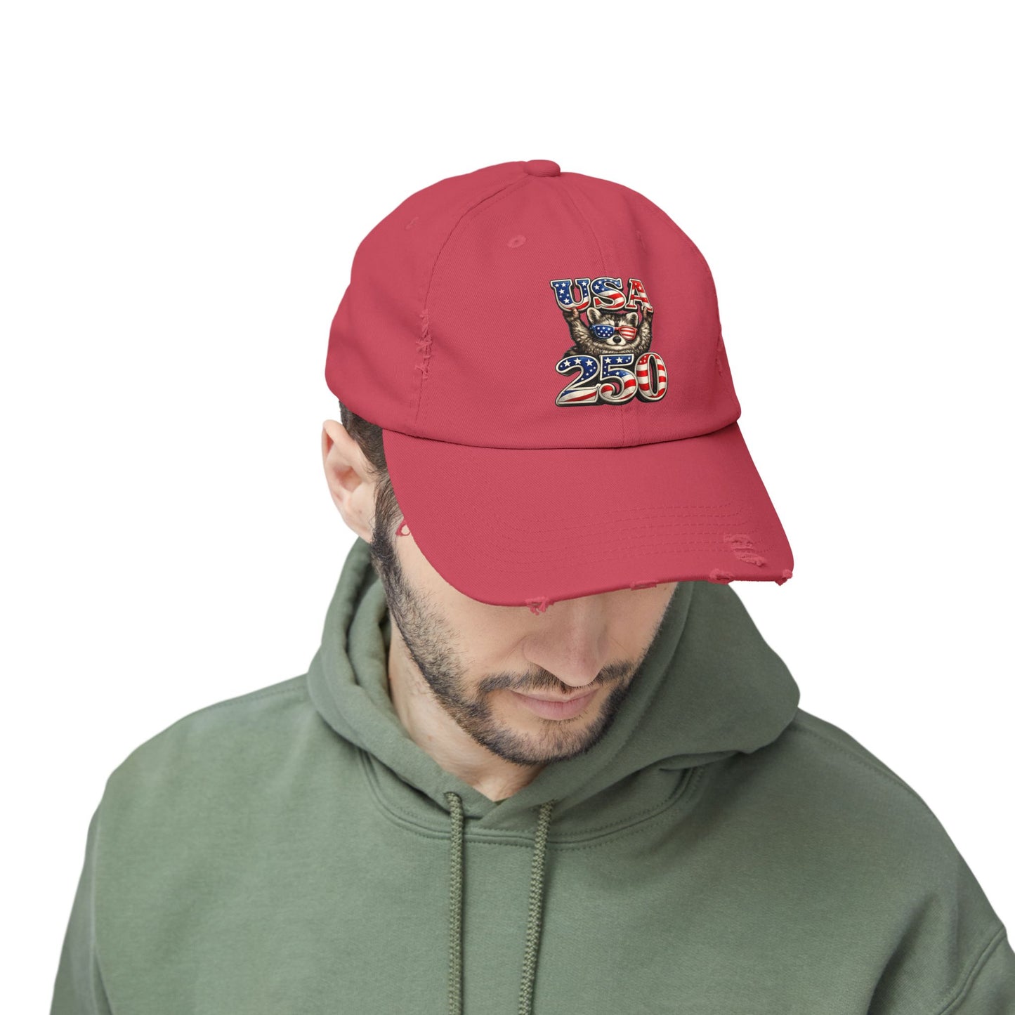 Patriotic Raccoon 250 Cap — Fireworks & Flag Distressed Baseball Hat