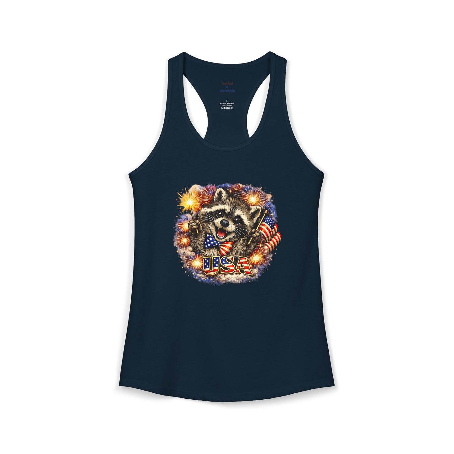 Patriotic Raccoon 4th of July Tank — Raccoon on 250 with Flag & Fireworks Racerback Tank