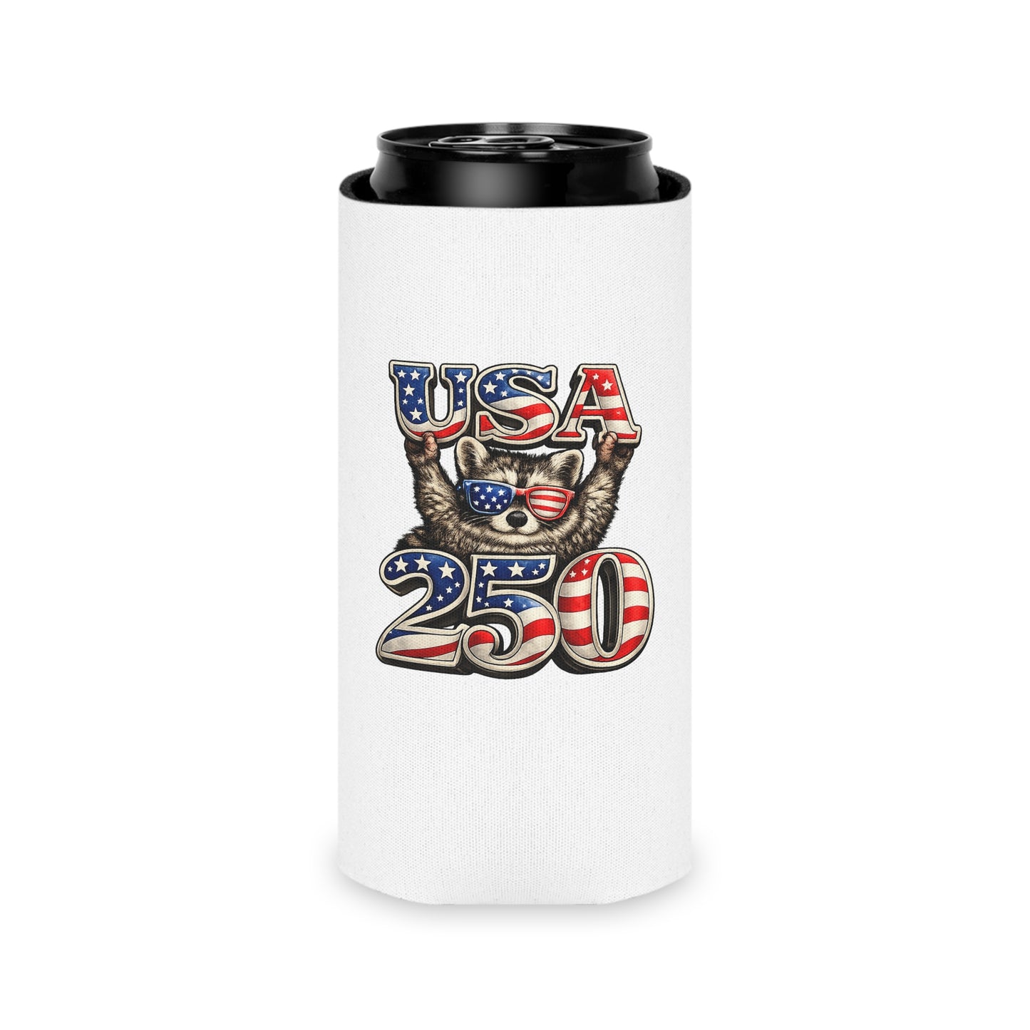 Patriotic Raccoon 250 Can Cooler – USA Flag, 4th of July Drink Koozie