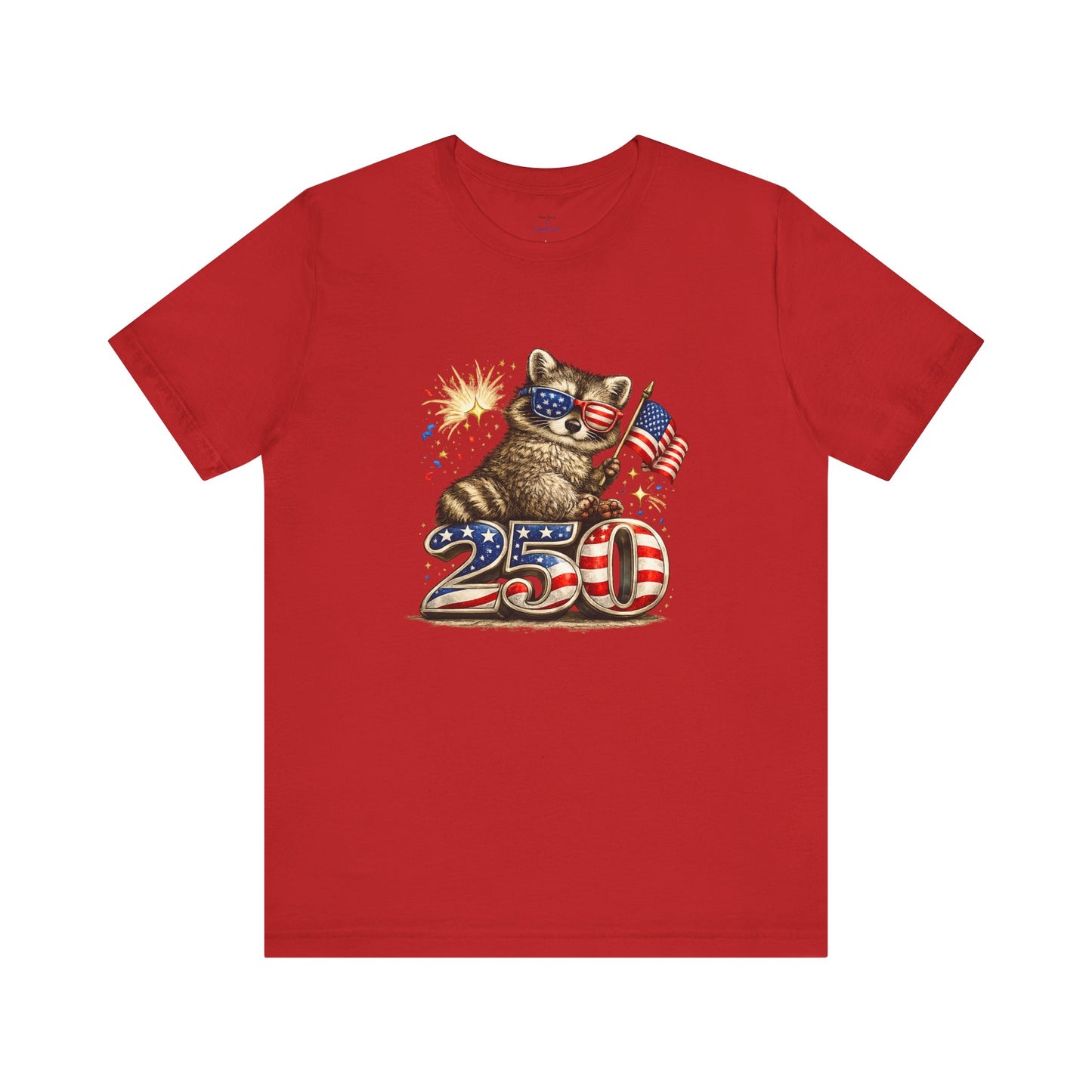 Patriot Raccoon 250th Anniversary T-Shirt — 4th of July Fireworks Flag Tee