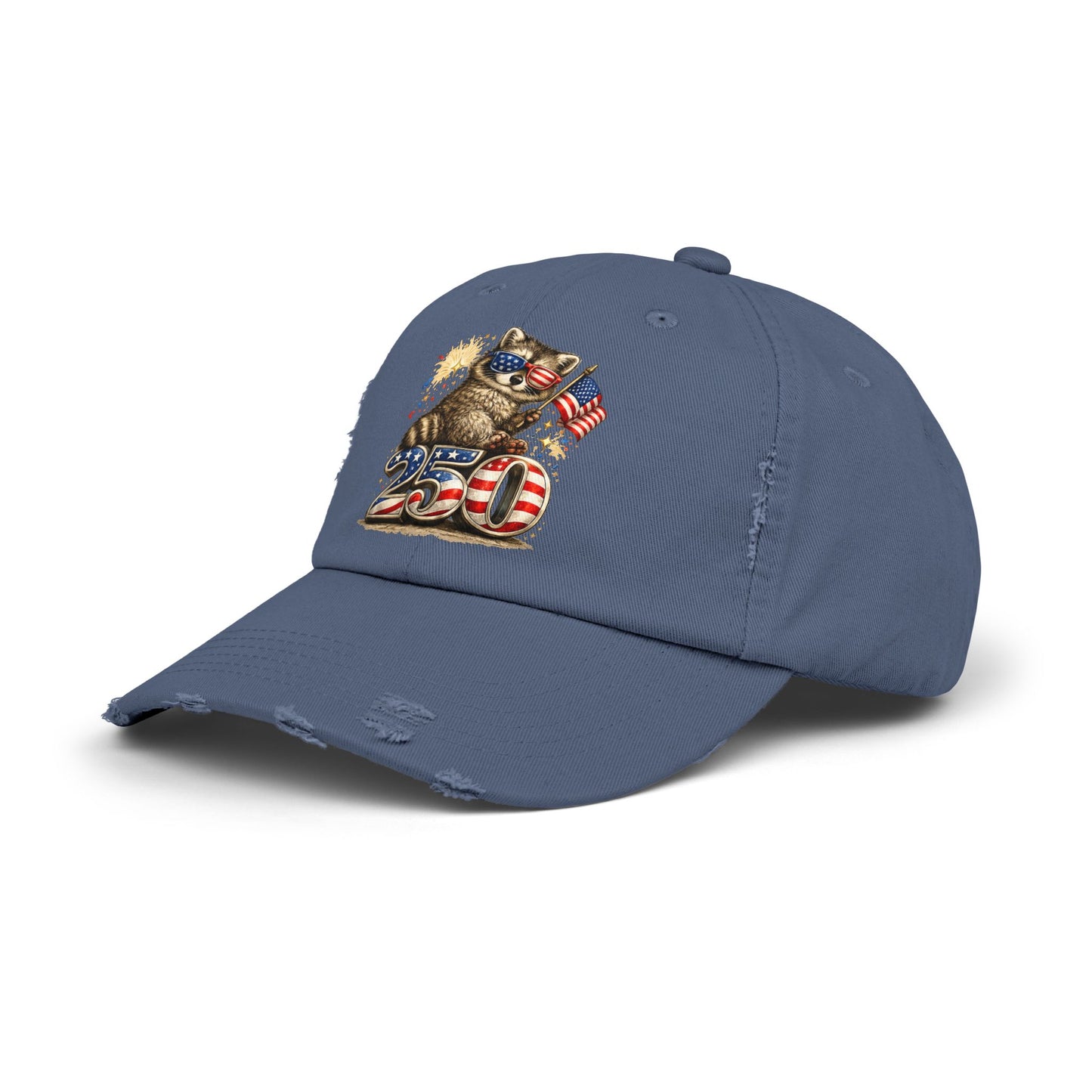 Patriotic Raccoon 250 Cap — Fireworks & Flag Distressed Baseball Hat