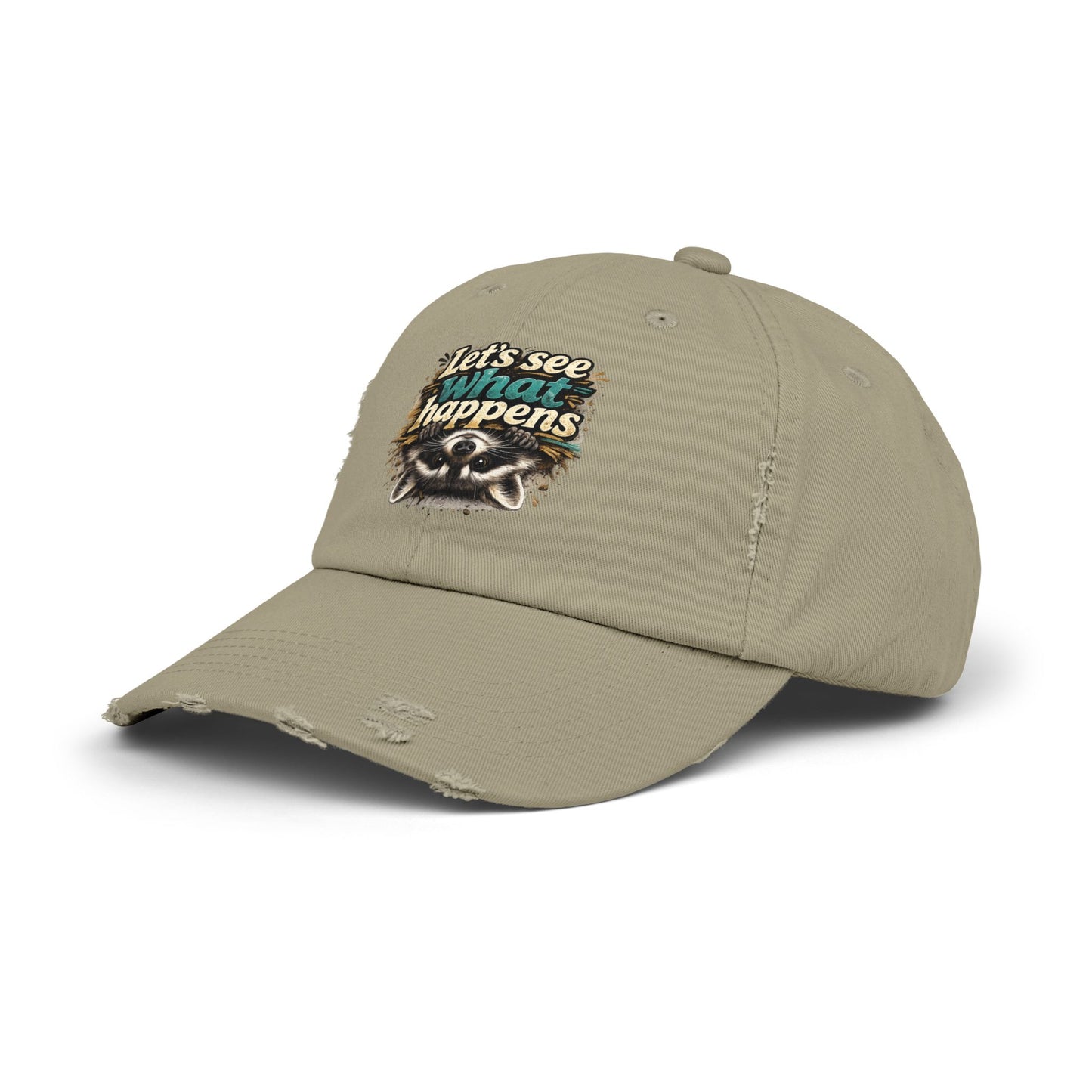 Let's See What Happens Distressed Cap — Raccoon Mom/Dad Funny Dad Hat