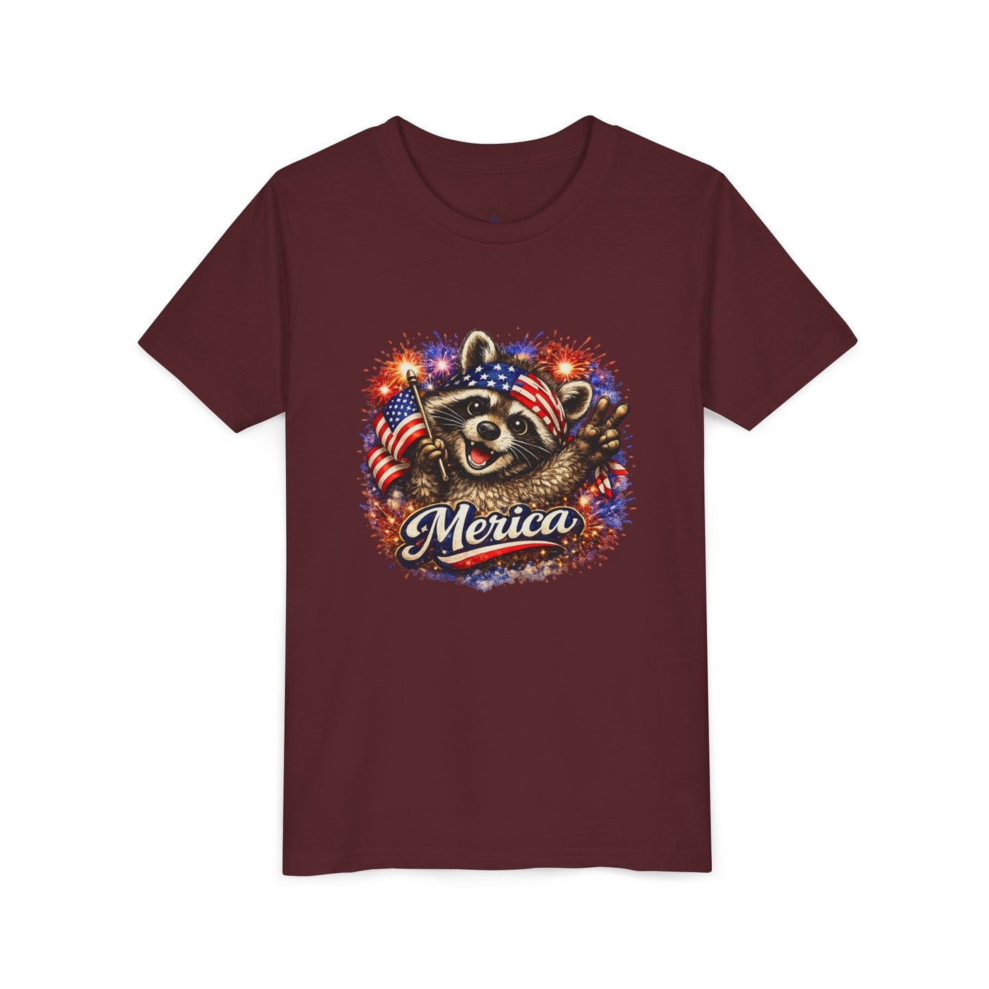 Patriotic Raccoon Youth Tee — Raccoon with American Flag & Fireworks