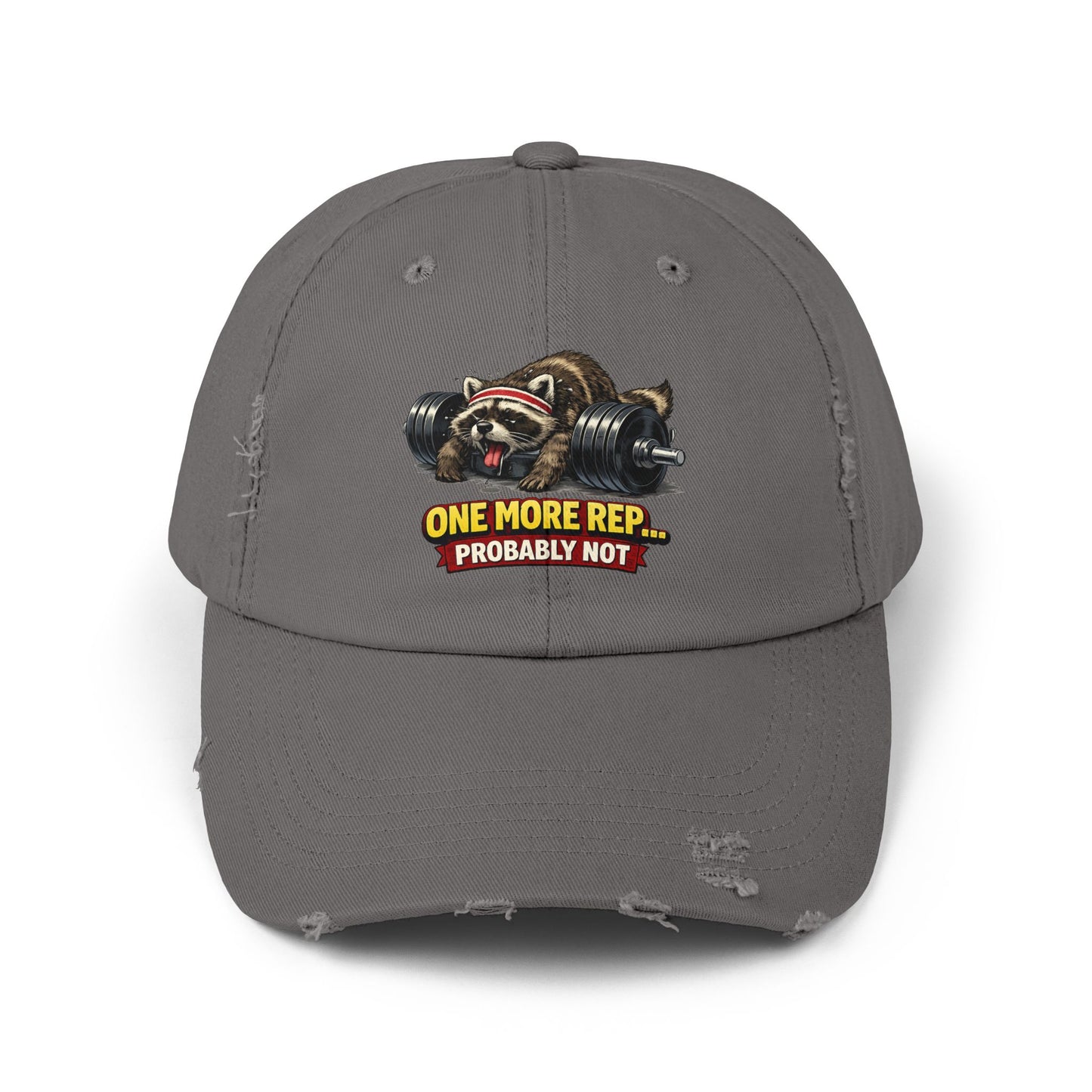 One More Rep Distressed Cap — Raccoon Mom/Dad Funny Dad Hat