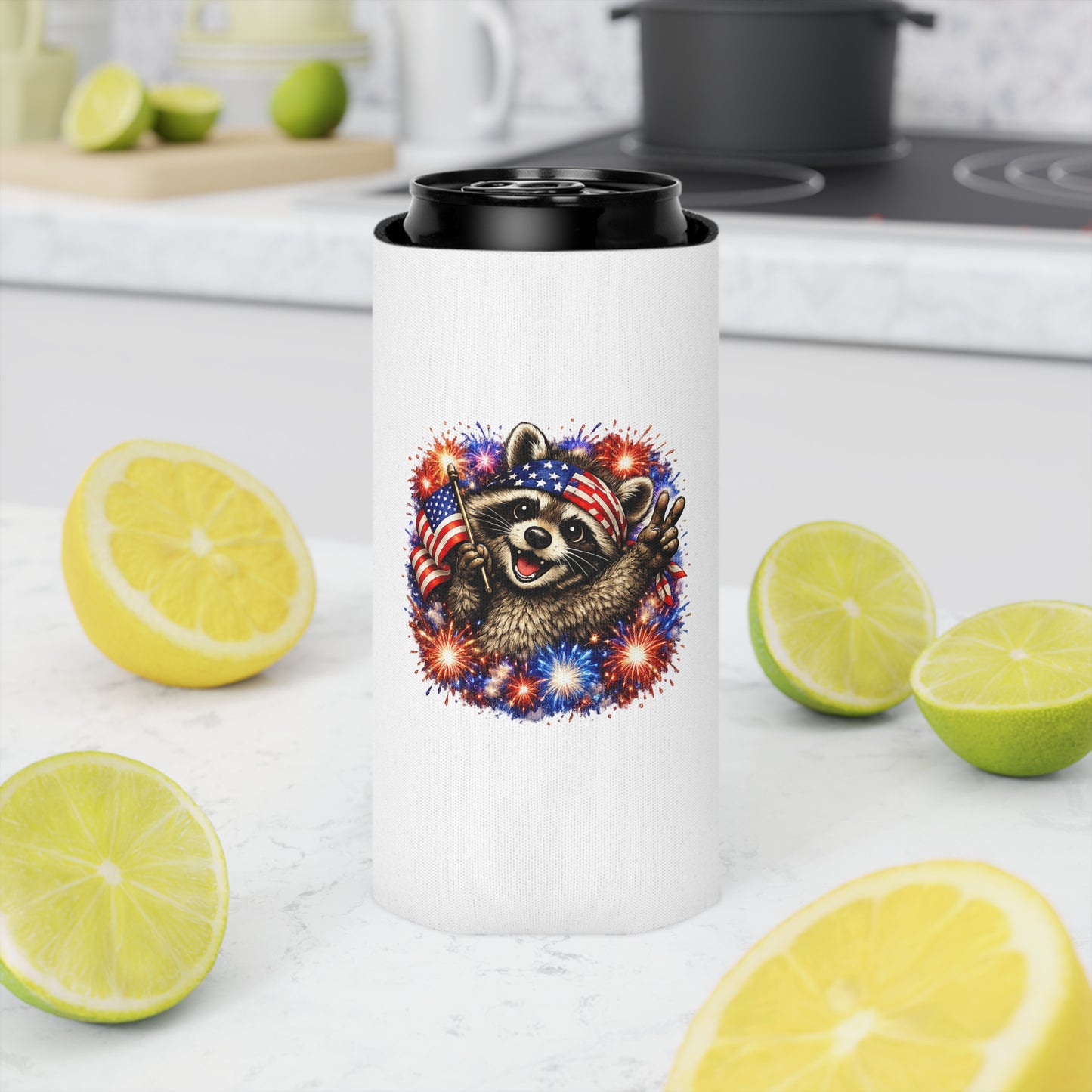 Patriotic Raccoon 250 Can Cooler – USA Flag, 4th of July Drink Koozie