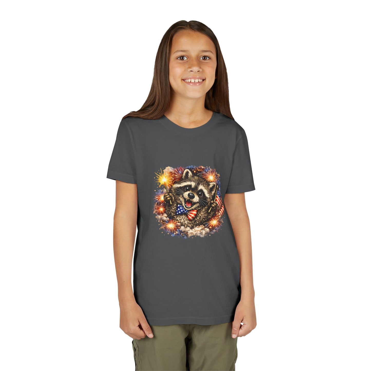 Patriotic Raccoon Youth Tee — Raccoon with American Flag & Fireworks