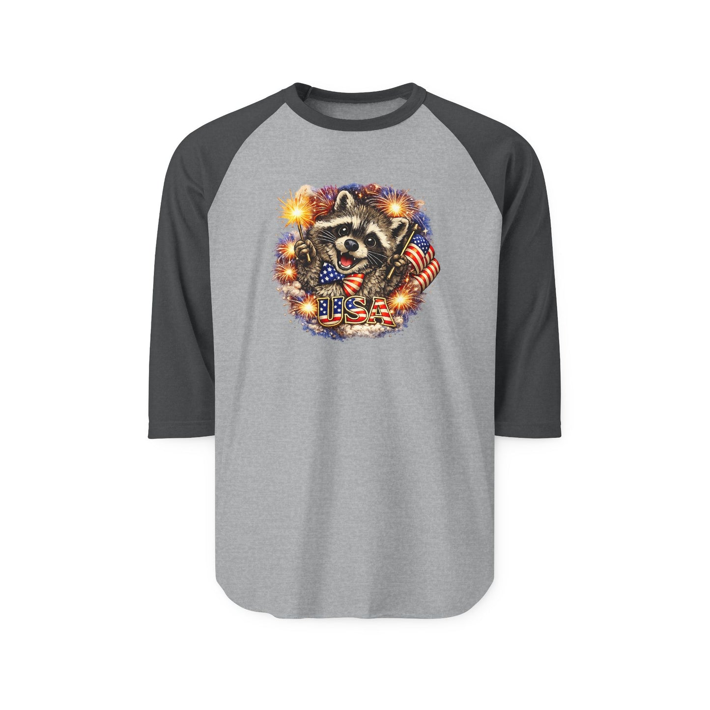 Patriotic Raccoon 250 Raglan Shirt — Fourth of July Fireworks Tee