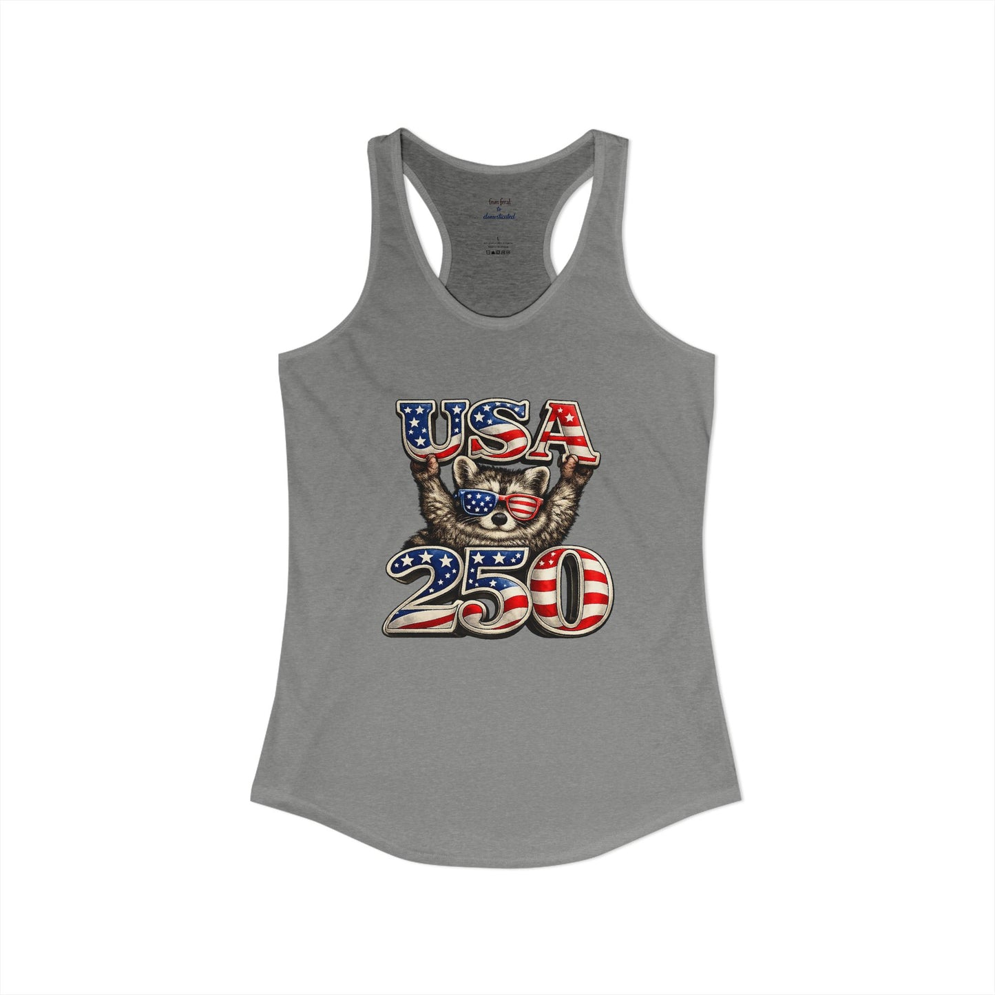 Patriotic Raccoon 4th of July Tank — Raccoon on 250 with Flag & Fireworks Racerback Tank