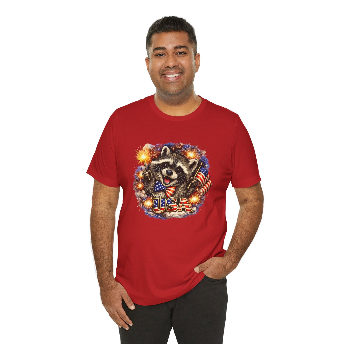 Patriot Raccoon 250th Anniversary T-Shirt — 4th of July Fireworks Flag Tee