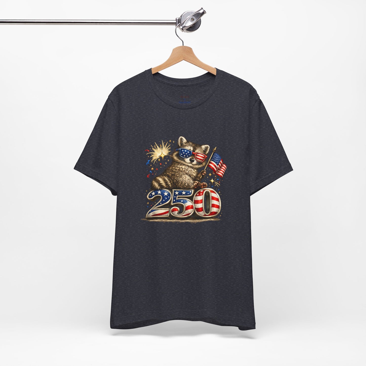 Patriot Raccoon 250th Anniversary T-Shirt — 4th of July Fireworks Flag Tee