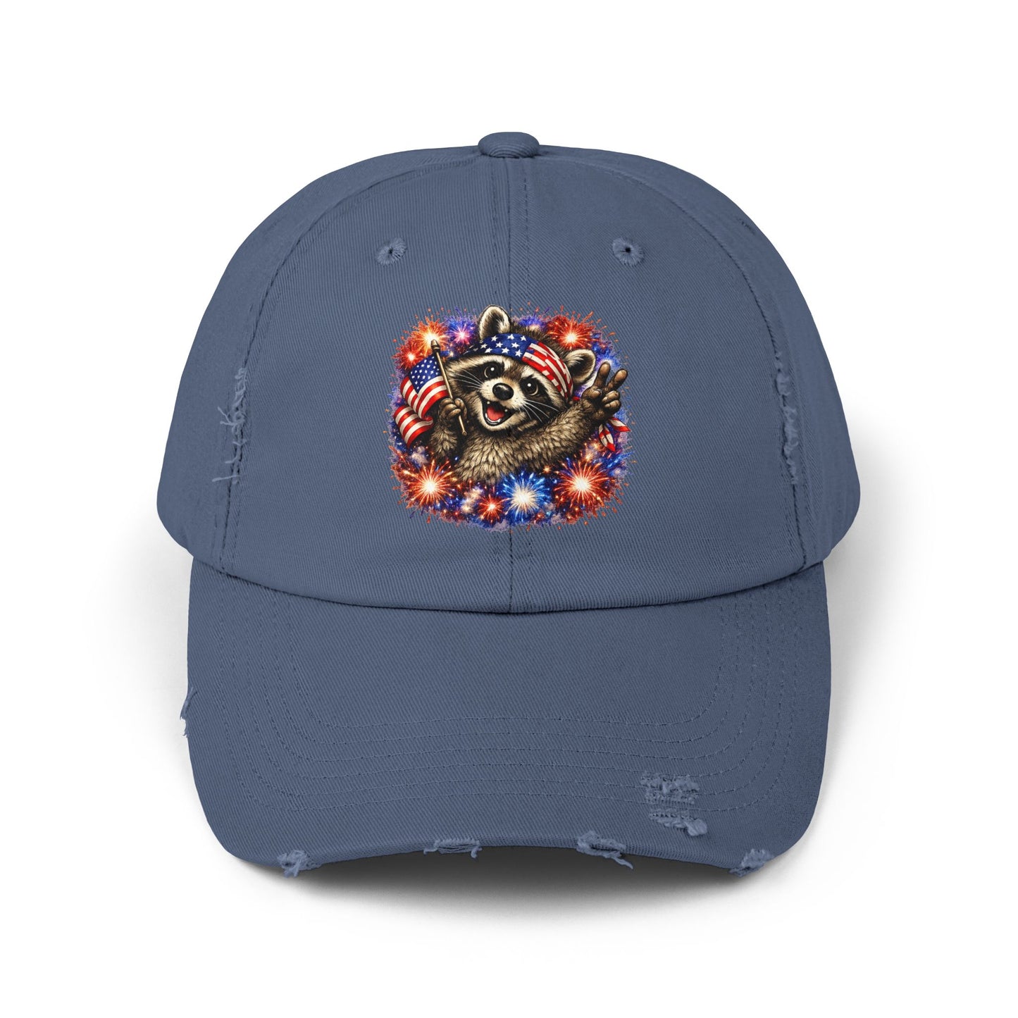 Patriotic Raccoon 250 Cap — Fireworks & Flag Distressed Baseball Hat