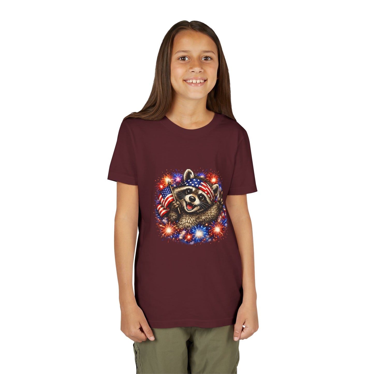 Patriotic Raccoon Youth Tee — Raccoon with American Flag & Fireworks