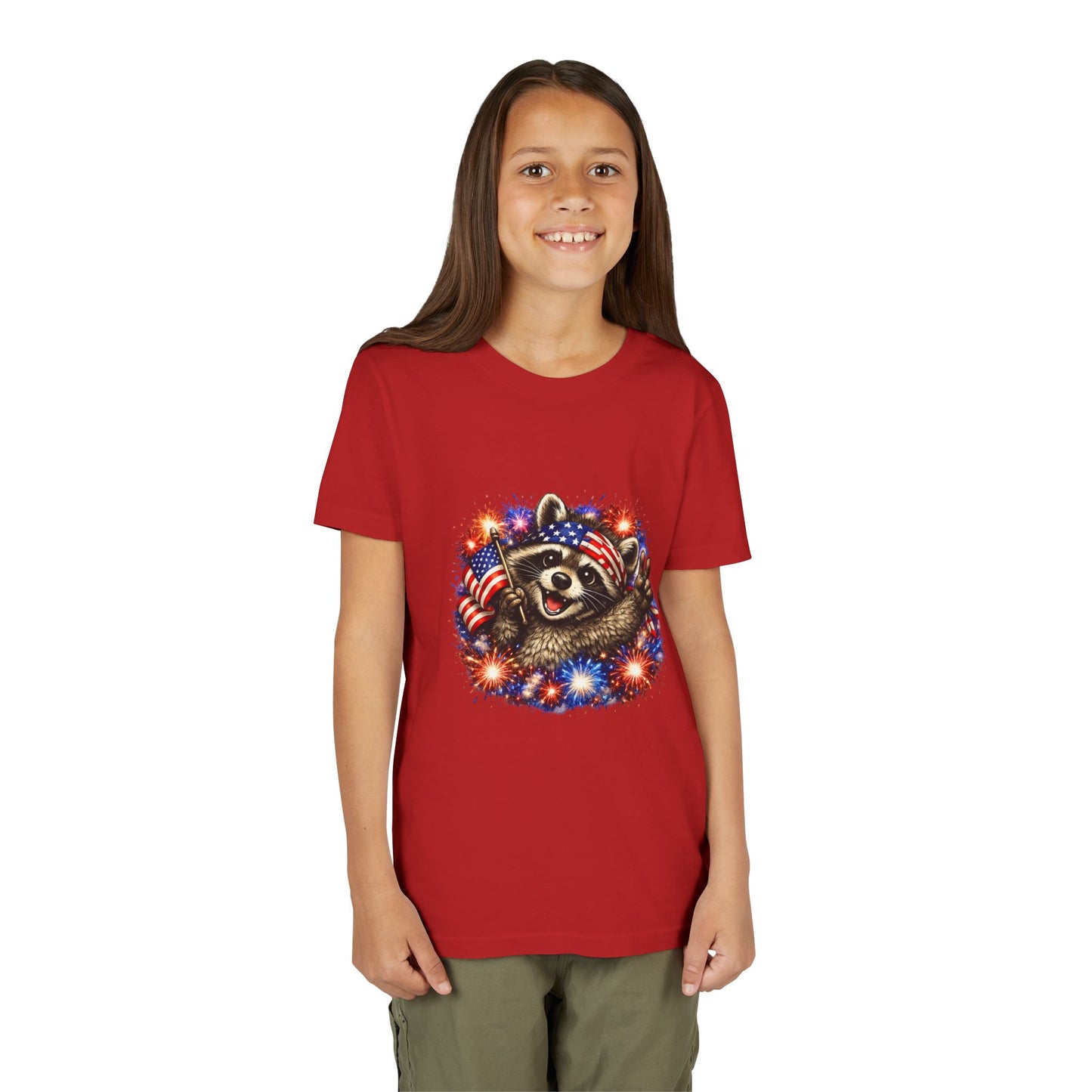Patriotic Raccoon Youth Tee — Raccoon with American Flag & Fireworks