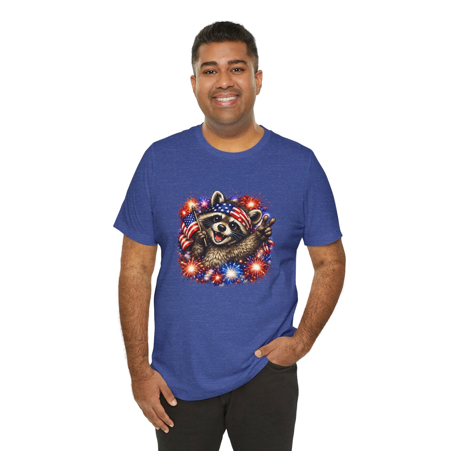 Patriot Raccoon 250th Anniversary T-Shirt — 4th of July Fireworks Flag Tee