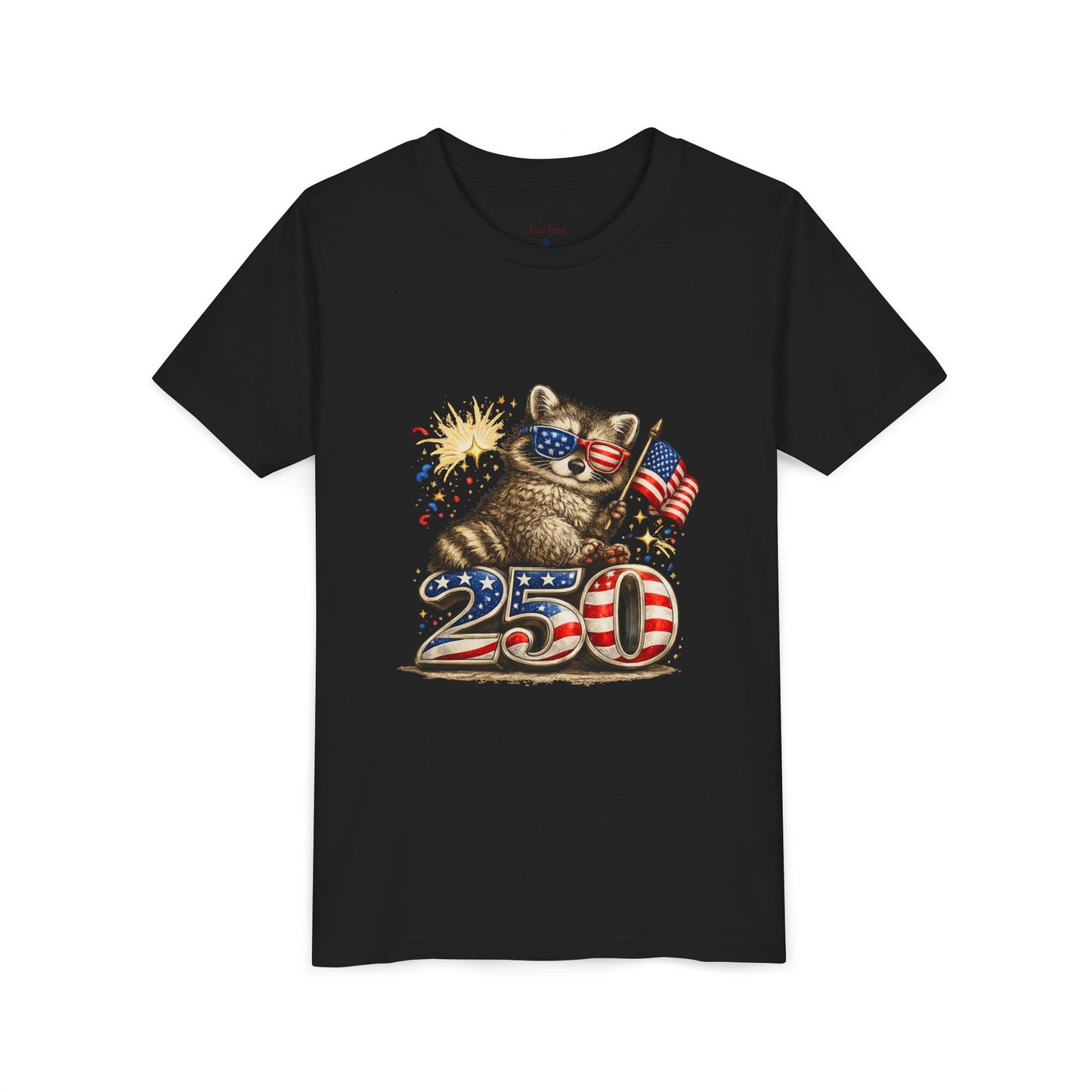 Patriotic Raccoon Youth Tee — Raccoon with American Flag & Fireworks