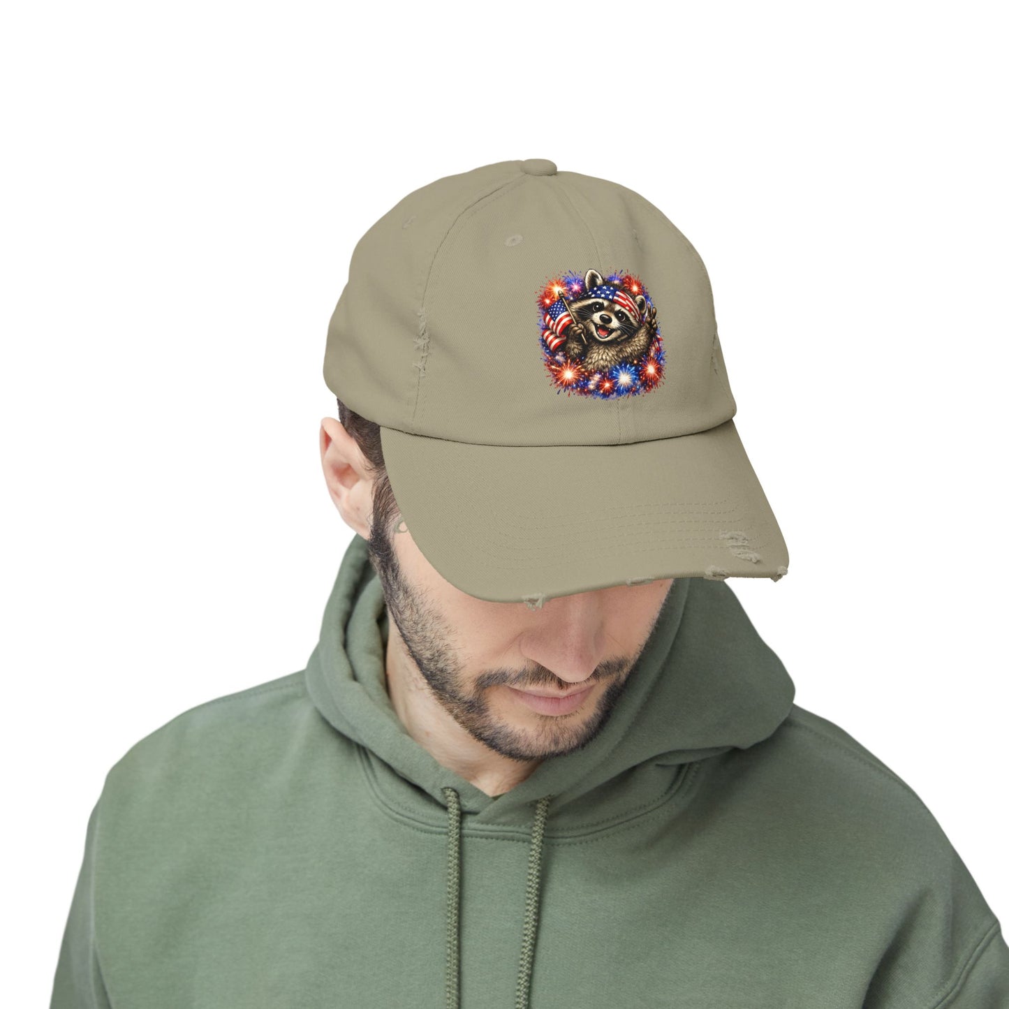 Patriotic Raccoon 250 Cap — Fireworks & Flag Distressed Baseball Hat