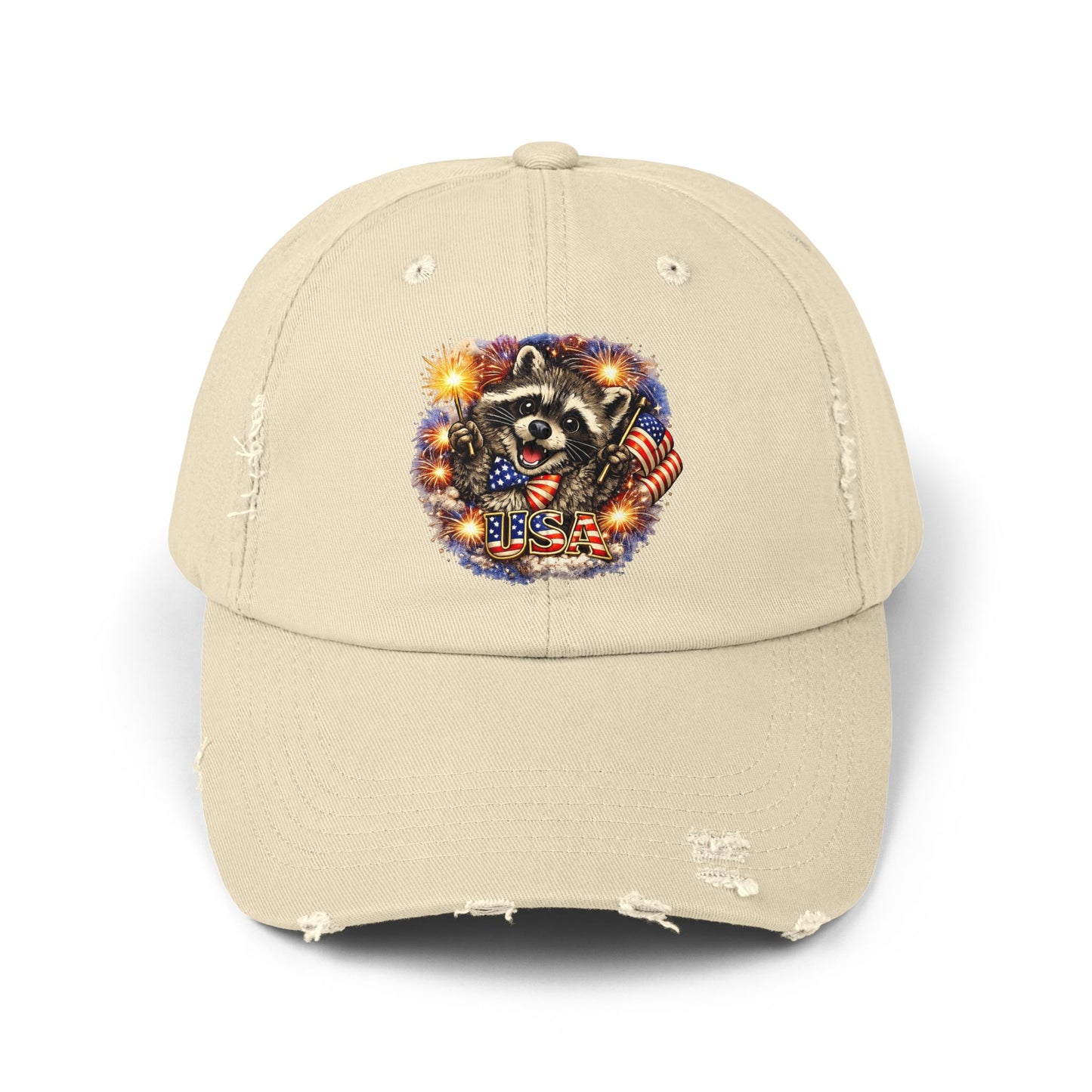 Patriotic Raccoon 250 Cap — Fireworks & Flag Distressed Baseball Hat