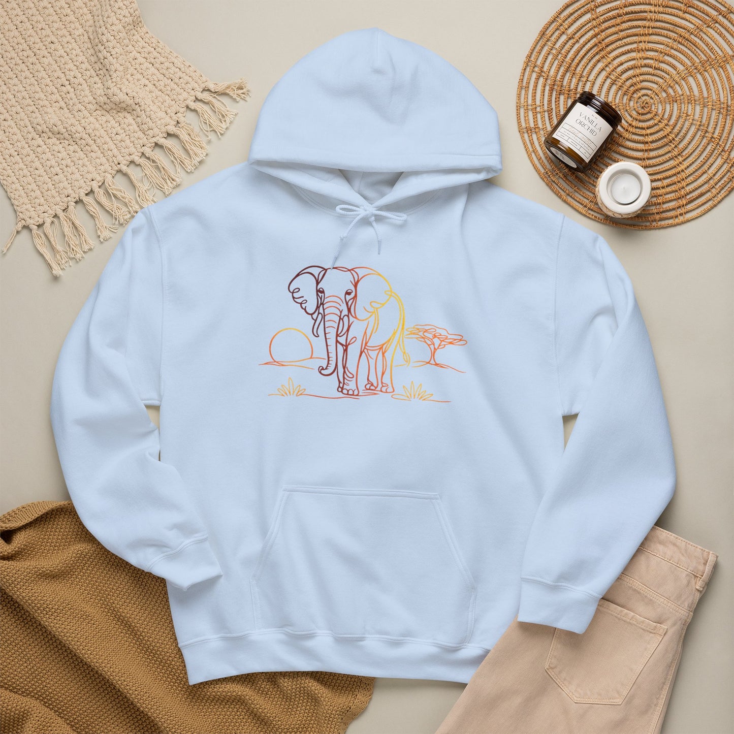 Elephant Sunset Hoodie — Minimal Safari Graphic Hooded Sweatshirt