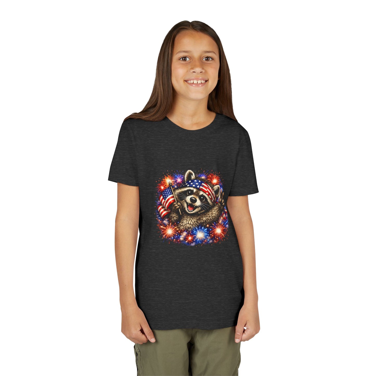Patriotic Raccoon Youth Tee — Raccoon with American Flag & Fireworks